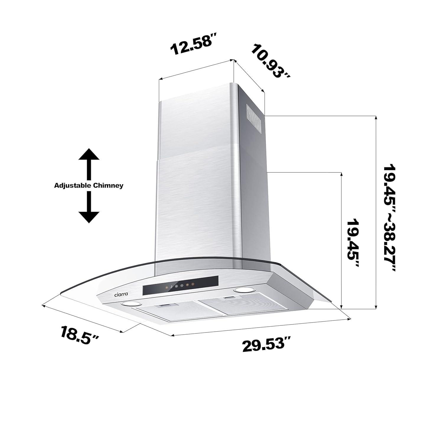 CIARRA Wall Mount Range Hood 30 inch with Tempered Glass 450 CFM Kitchen Vent Hood Ductless Ducted Convertible CAS50275