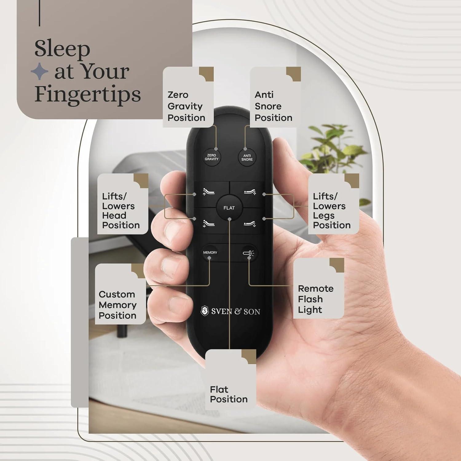 Sven & Son Essential Adjustable Bed Base (Frame Only), Easy Assembly, Head and Foot Lift, Memory Positions, Zero Gravity, Wireless Remote - Split King