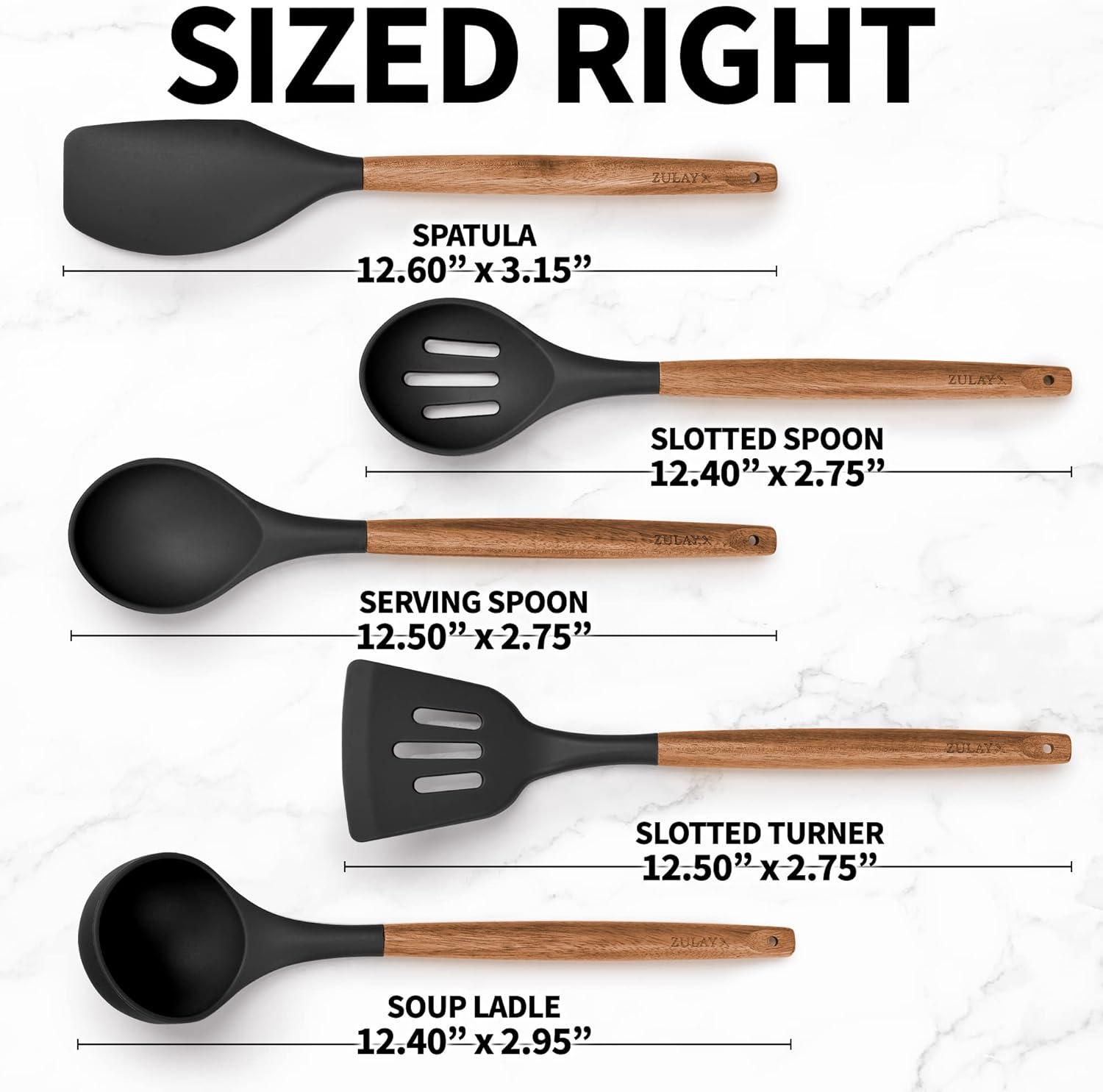 Black Silicone Cooking Utensils Set with Acacia Wood Handles, 5 Piece