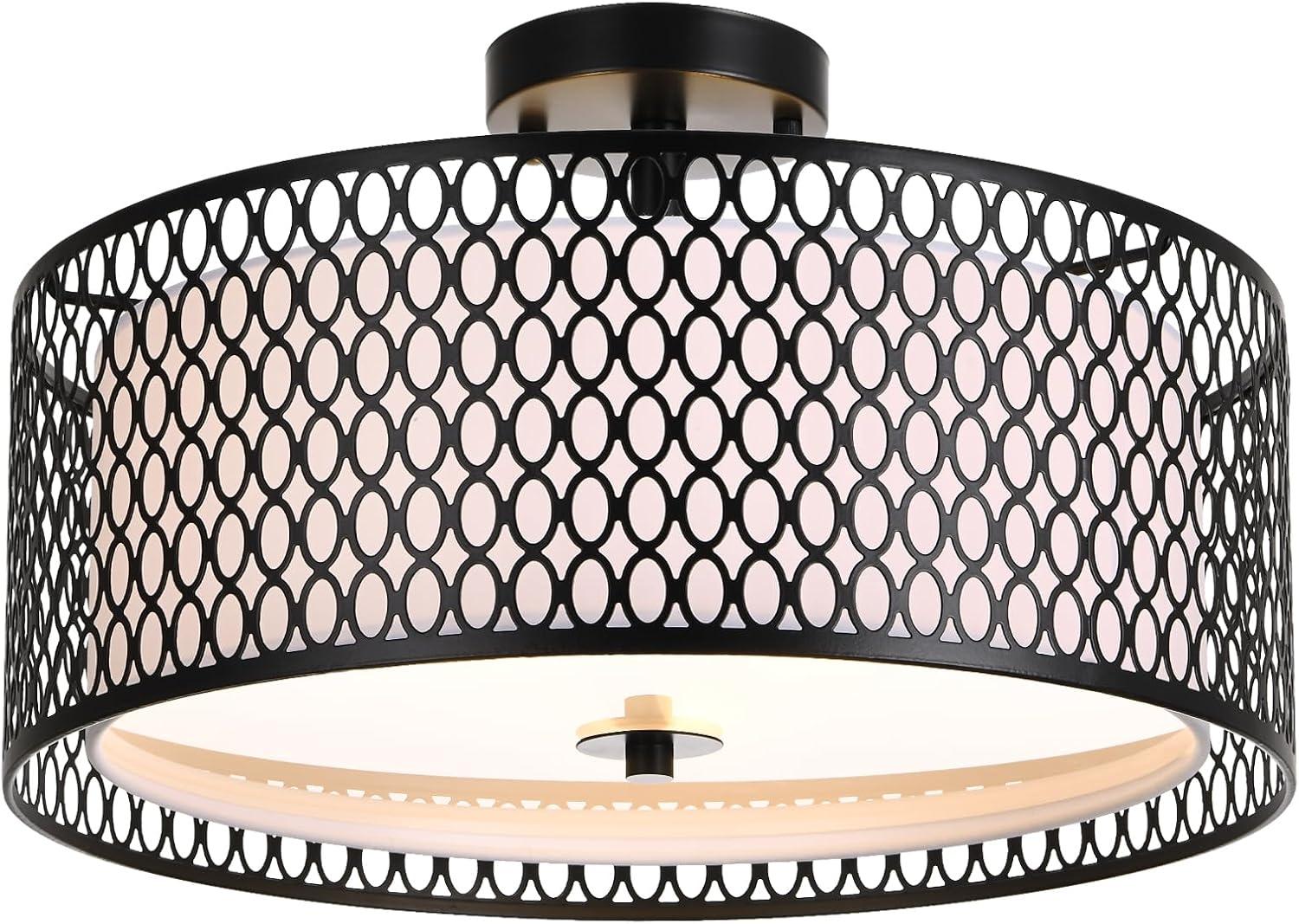 JONATHAN Y Ilsa 17" 3-Light Crystal/Metal Drum Semi-Flush Mount, Black by JONATHAN Y