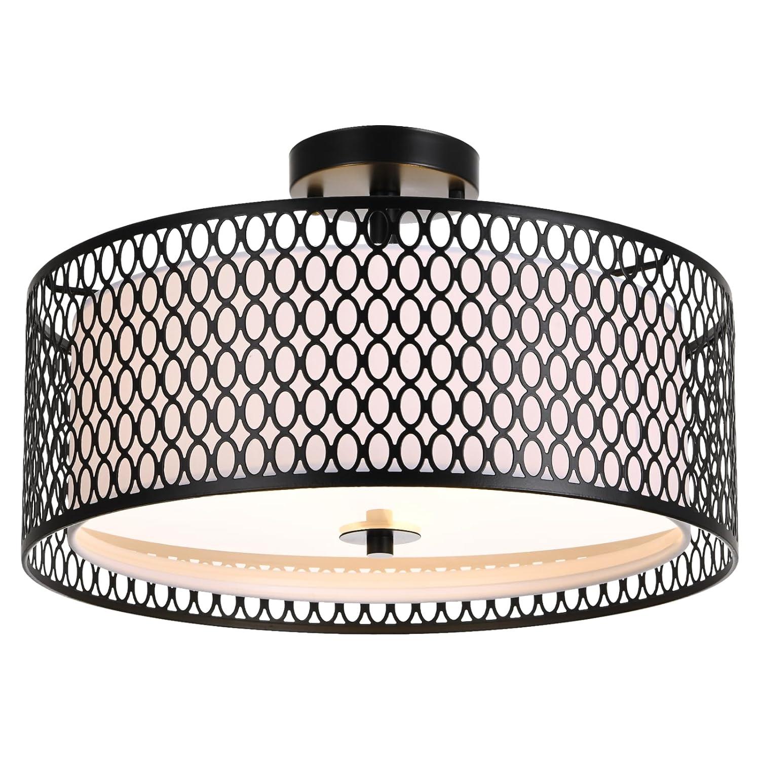 JONATHAN Y Ilsa 17" 3-Light Crystal/Metal Drum Semi-Flush Mount, Black by JONATHAN Y