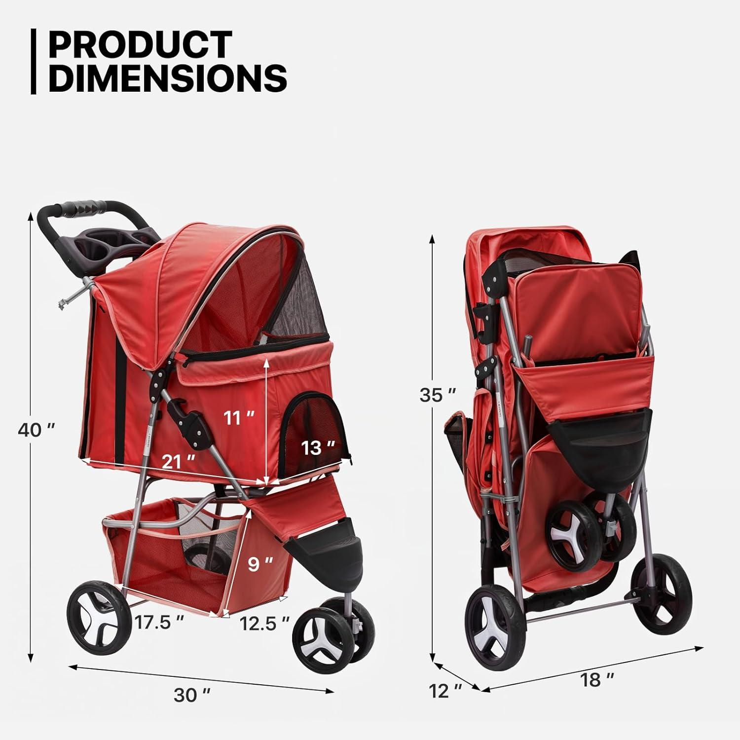 MoNiBloom 3 Wheel Folding Pet Stroller, Foldable Dog Jogger Stroller with Storage Basket, Cup Holder & Canopy