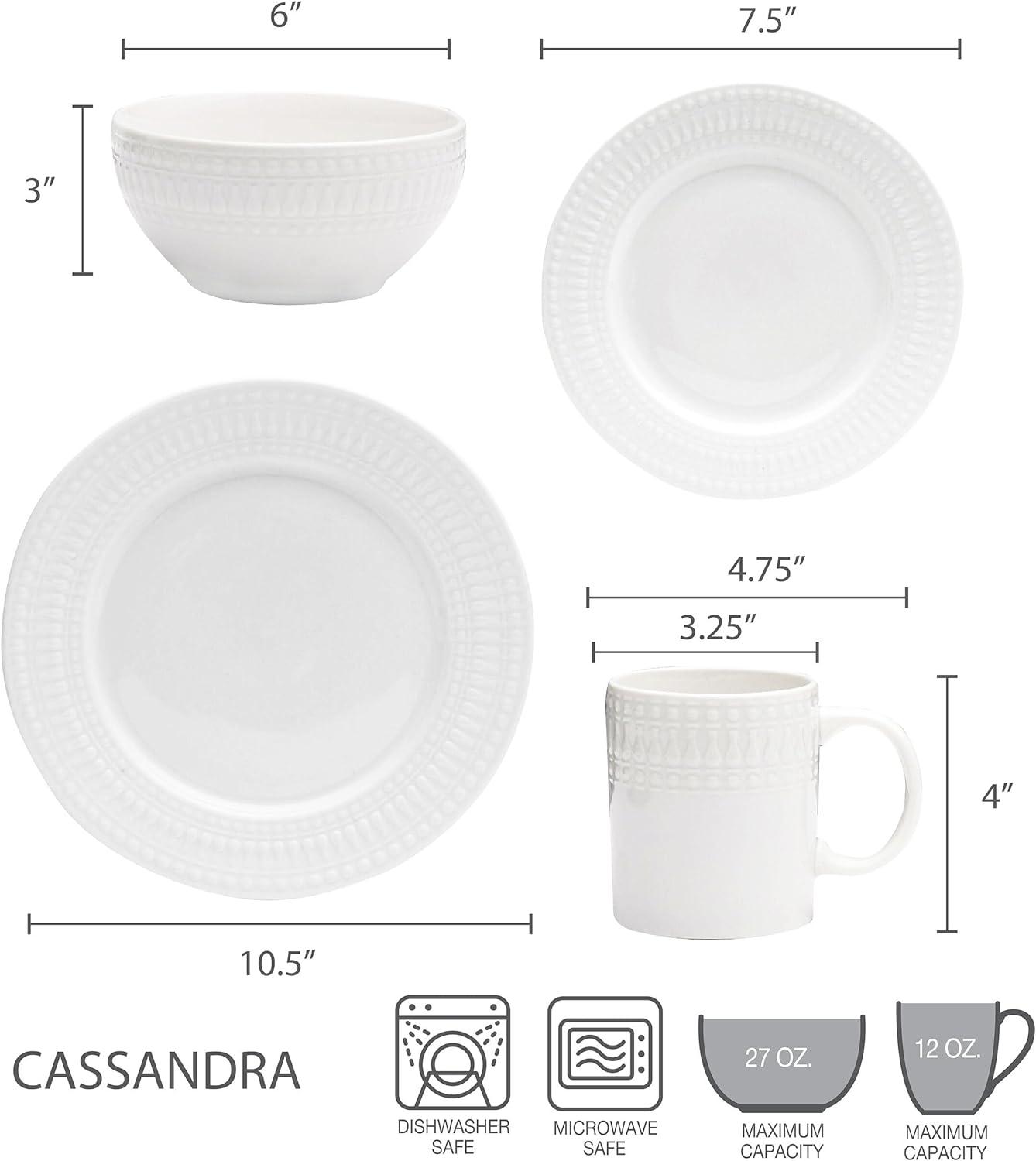 Cassandra White Porcelain 16-Piece Dinnerware Set, Service for 4