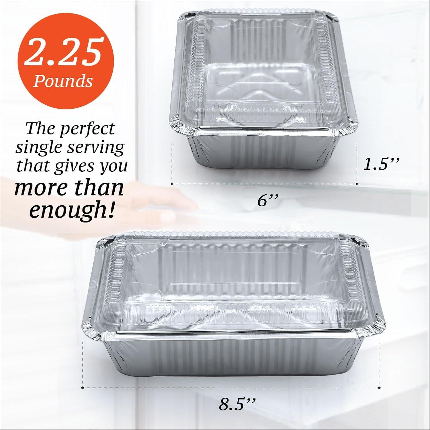 55 Pack Disposable Takeout Pans with Clear Lids - Aluminum Foil Freezer Containers - Ideal for Baking, Cooking, and Food Storage - Includes Plastic Lids|The 55-pack Disposable Takeout pans are made of