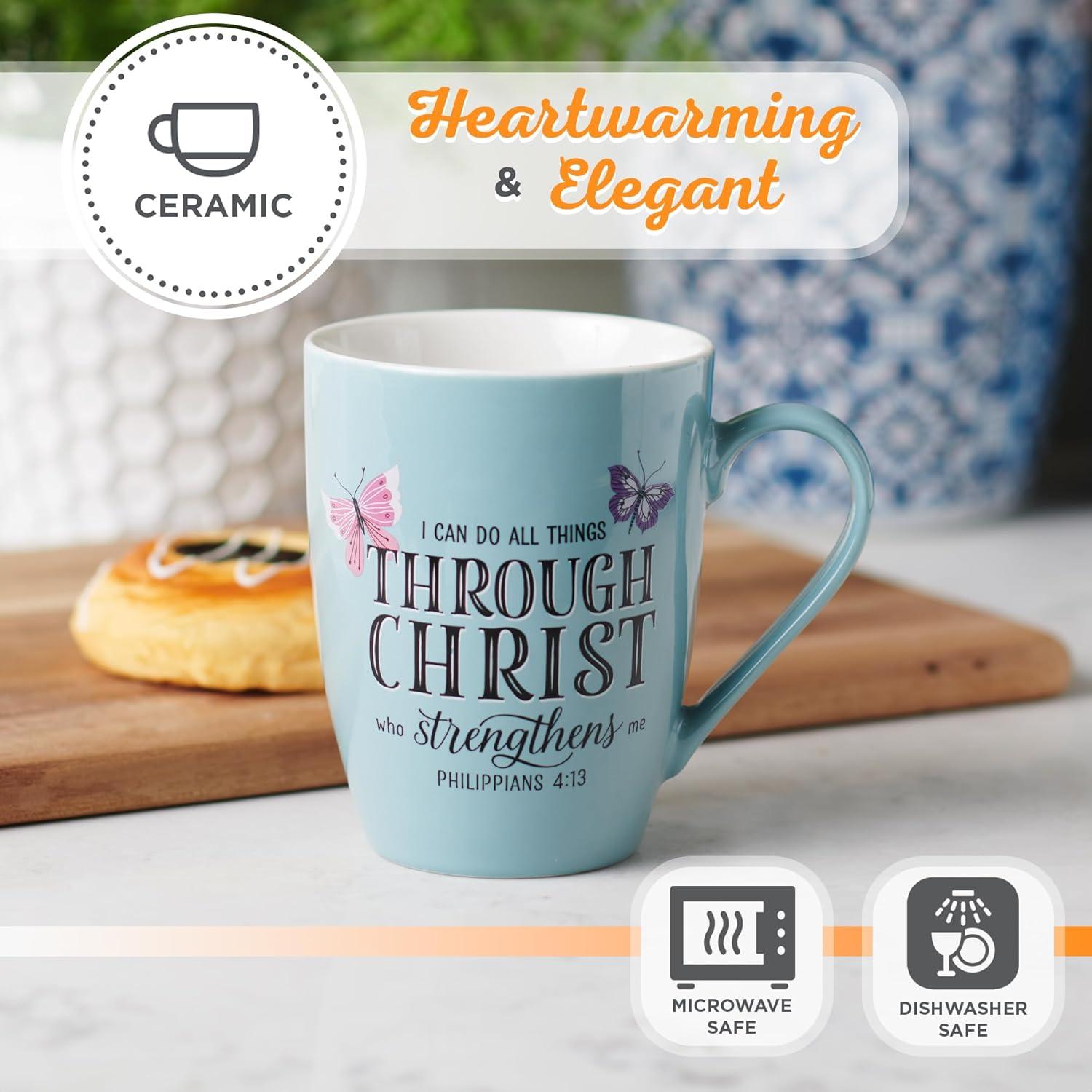 Christian Art Gifts Inspiring Ceramic Coffee Mug for Women: All Things Through Christ - Philippians 4:13 Bible Verse, Microwave/Dishwasher Safe, Light Blue & White w/Pink & Purple Butterflies, 12 oz.