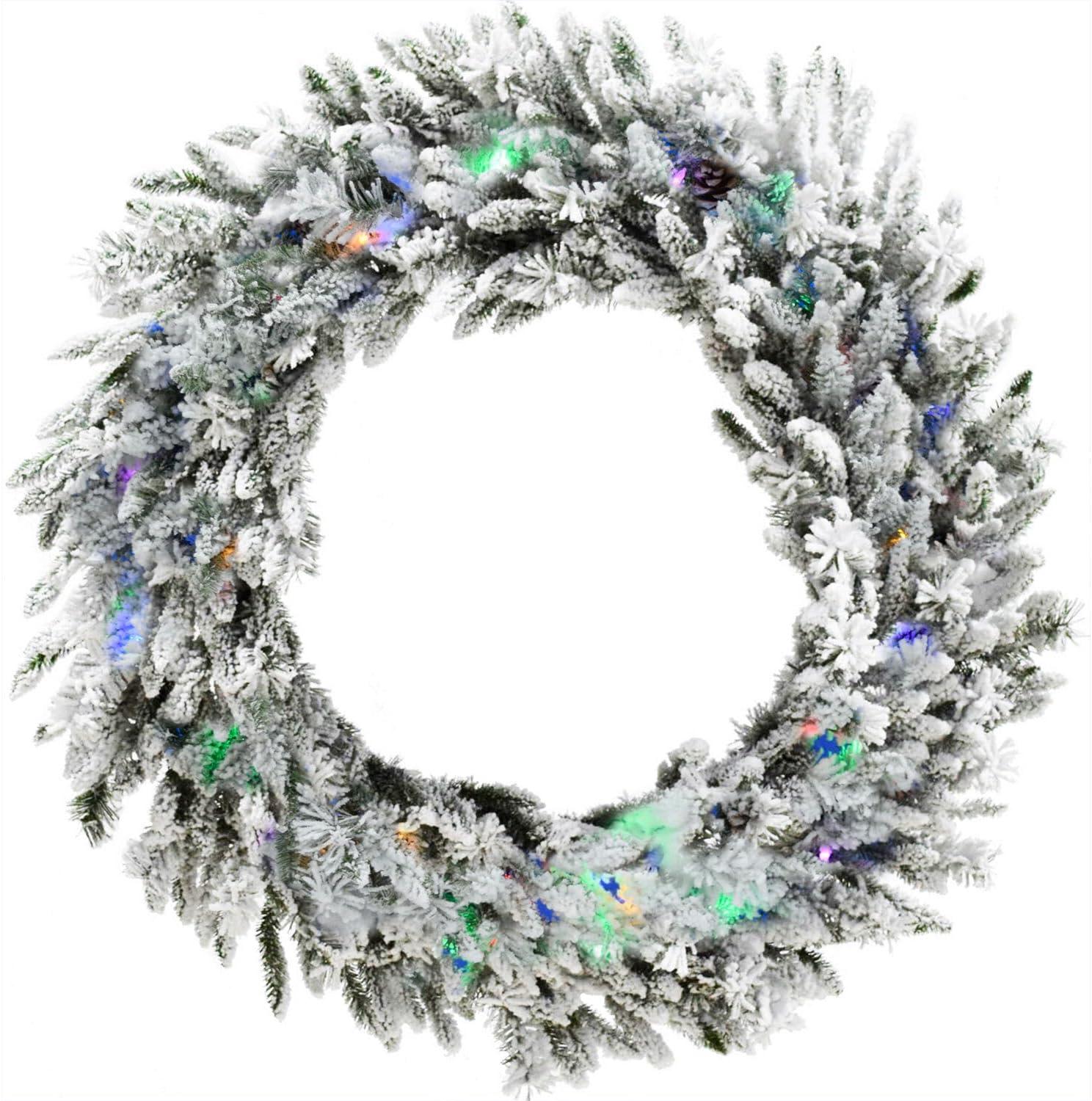 36'' White Flocked Pine Wreath with Multi-Color LED Lights