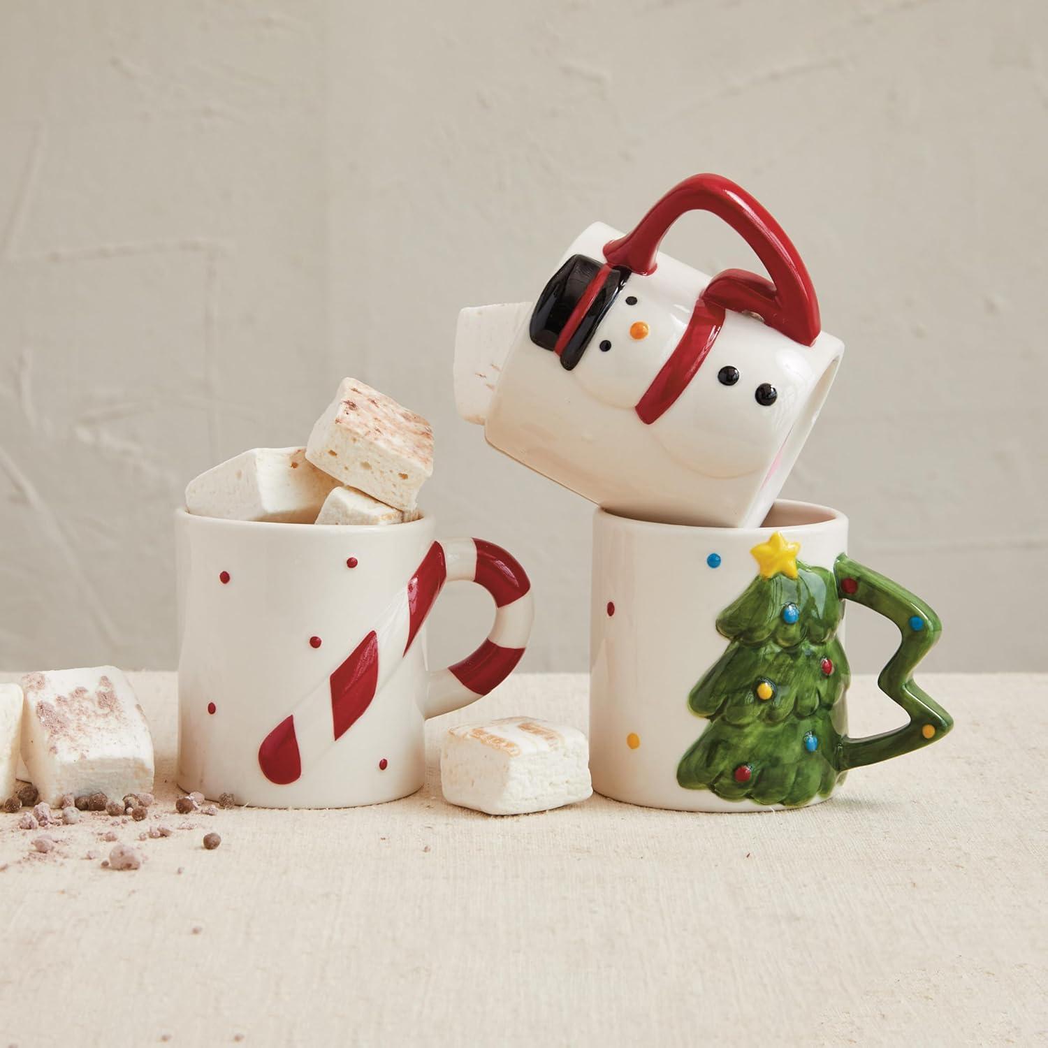 Festive Ceramic Holiday Mugs with Shaped Handles, Set of 3