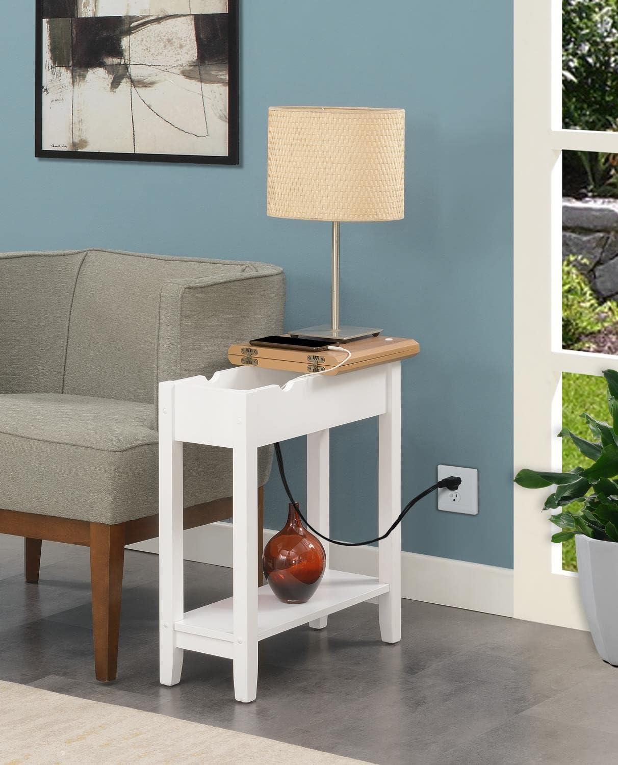 Convenience Concepts American Heritage Flip Top End Table with Charging Station and Shelf, Driftwood/White