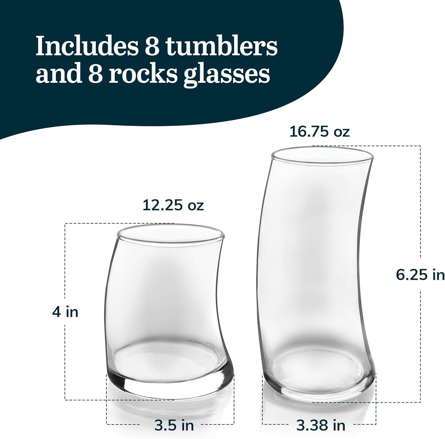 Libbey Swerve 16-Piece Curved Glass Tumbler and Rocks Set