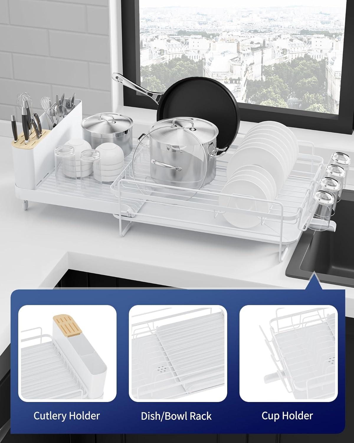 Large Dish Drying Rack - Extendable Dish Rack, Multifunctional Dish Rack for Kitchen Counter, Anti-Rust Drying Dish Rack with Cutlery & Cup Holders 19.2"-26.7" L x 12.9" W, Black