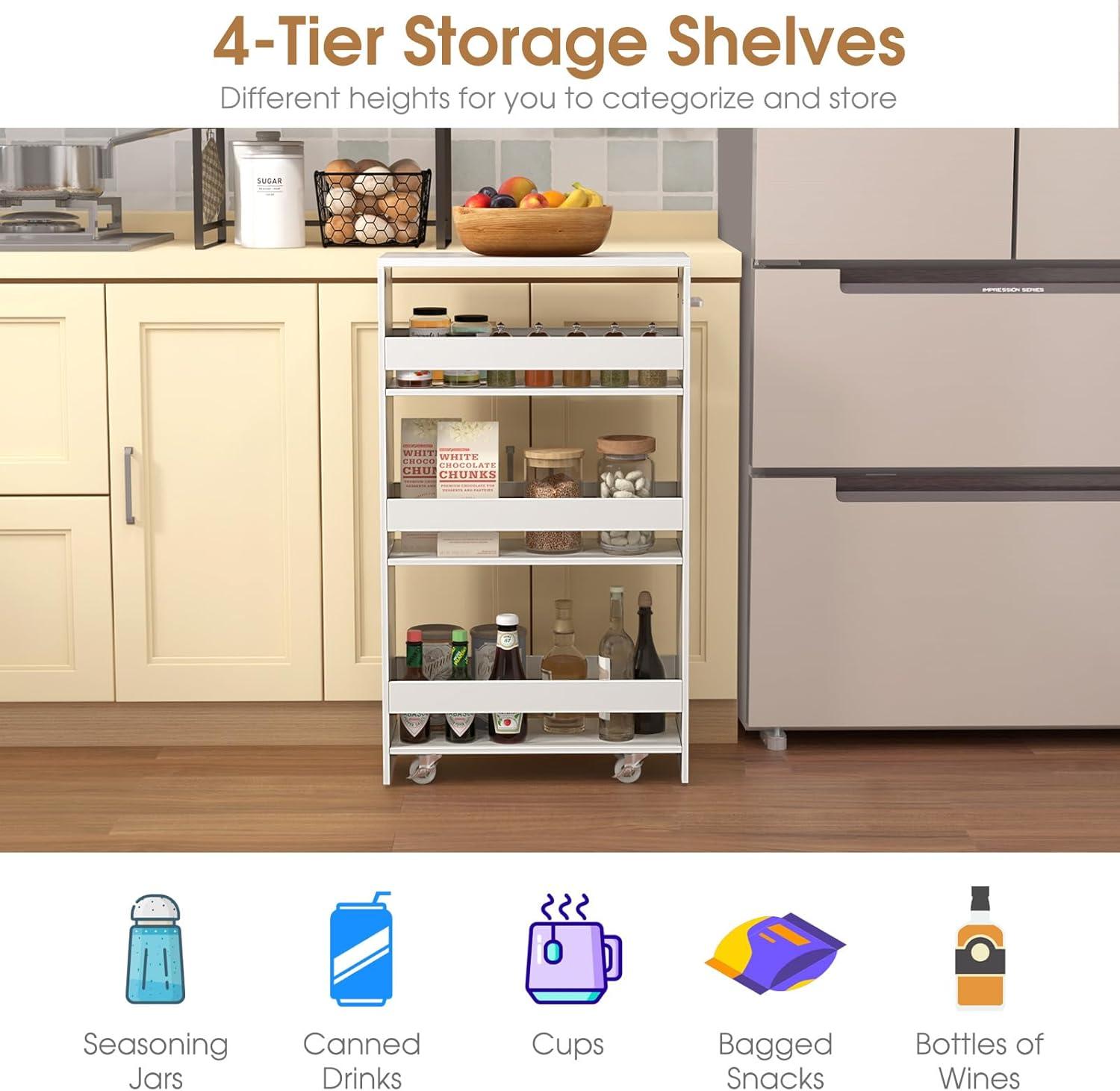 White Slim Rolling Kitchen Cart with Multi-Tier Storage