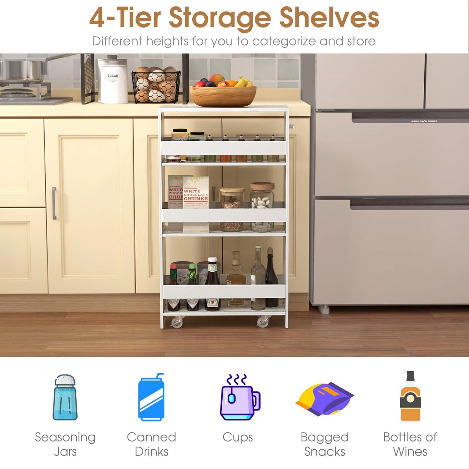 White Slim Rolling Kitchen Cart with Multi-Tier Storage