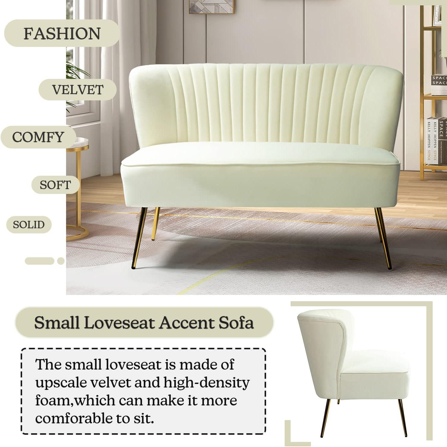 Velvet Sofa 2 Seater Upholstered Loveseat Living Room Chair White Tufted Back Home Bedroom Ivory