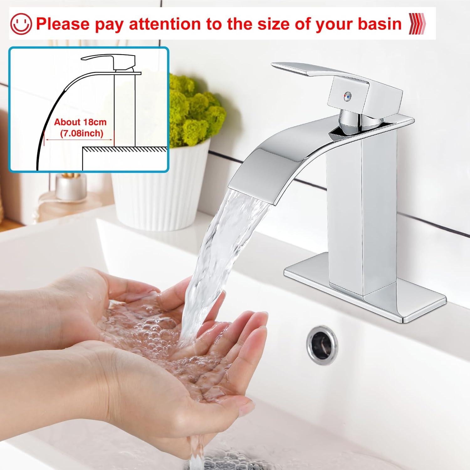 Midanya Waterfall Spout Bathroom Faucet Single Handle 1 Hole Bathroom Sink Faucet,Modern RV Lavatory Vanity Basin Tap with Water Hose,Short Body,Polish Chrome