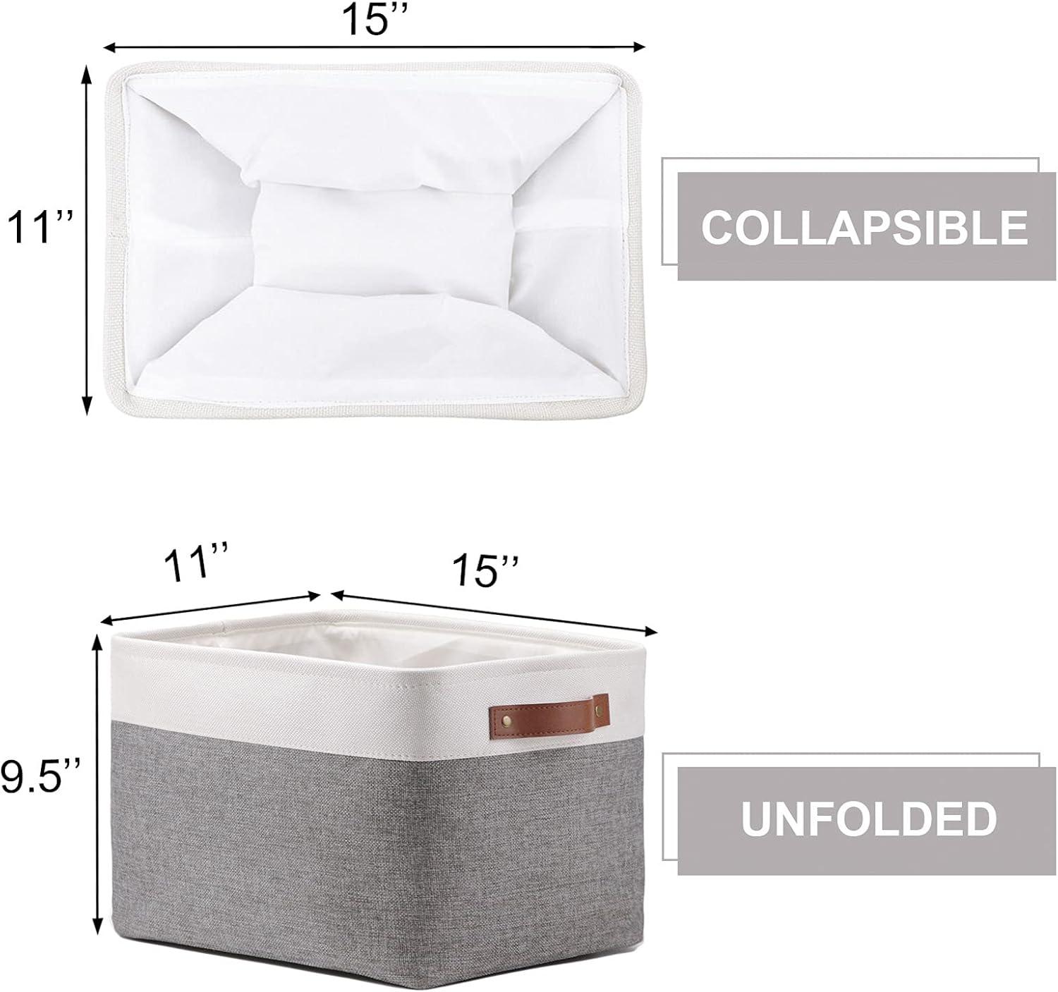 White and Gray Rectangular Fabric Storage Baskets with Faux Leather Handles, Set of 3