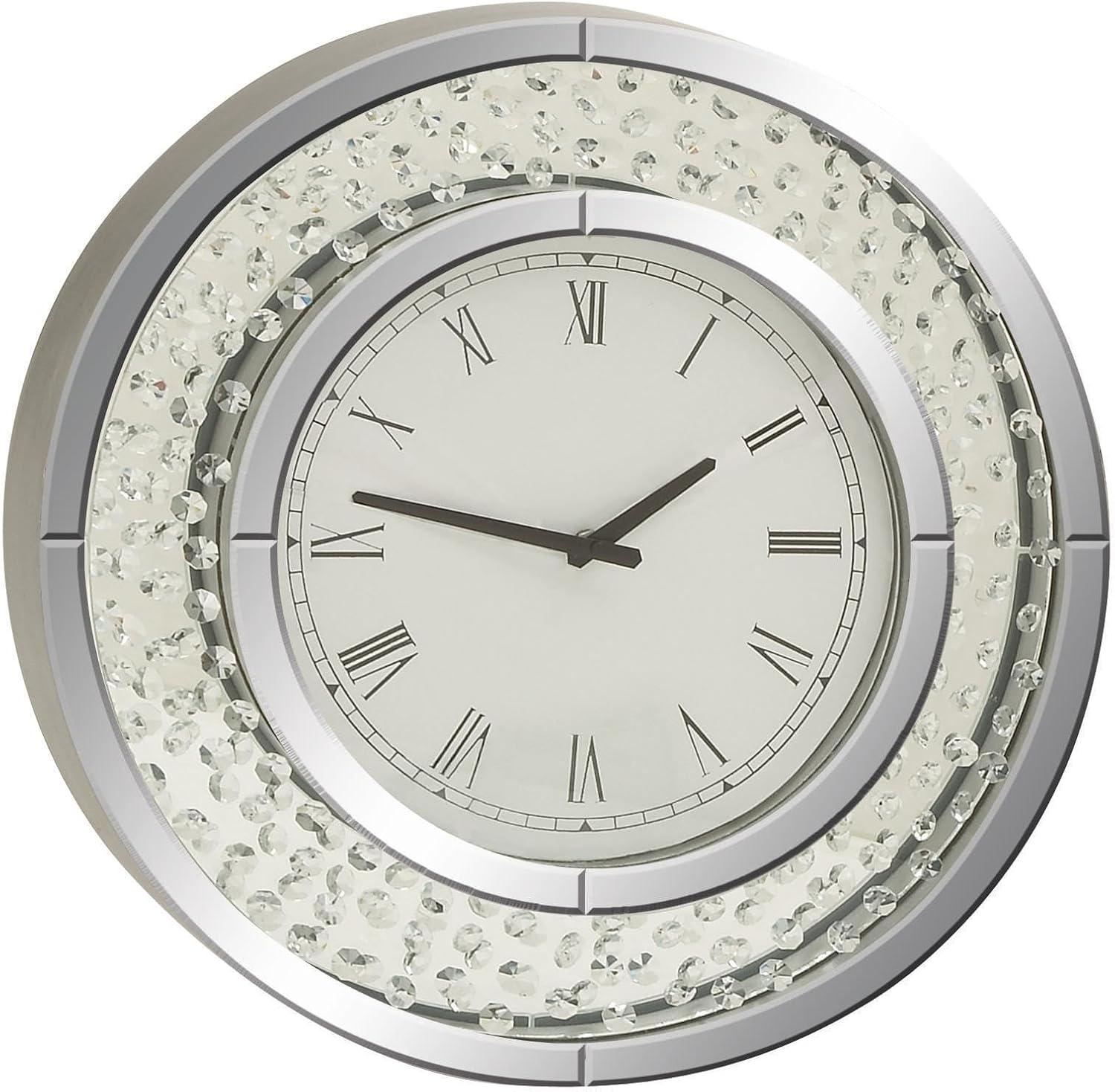 DecMode 20" White Glass Mirrored Wall Clock with Floating Crystals