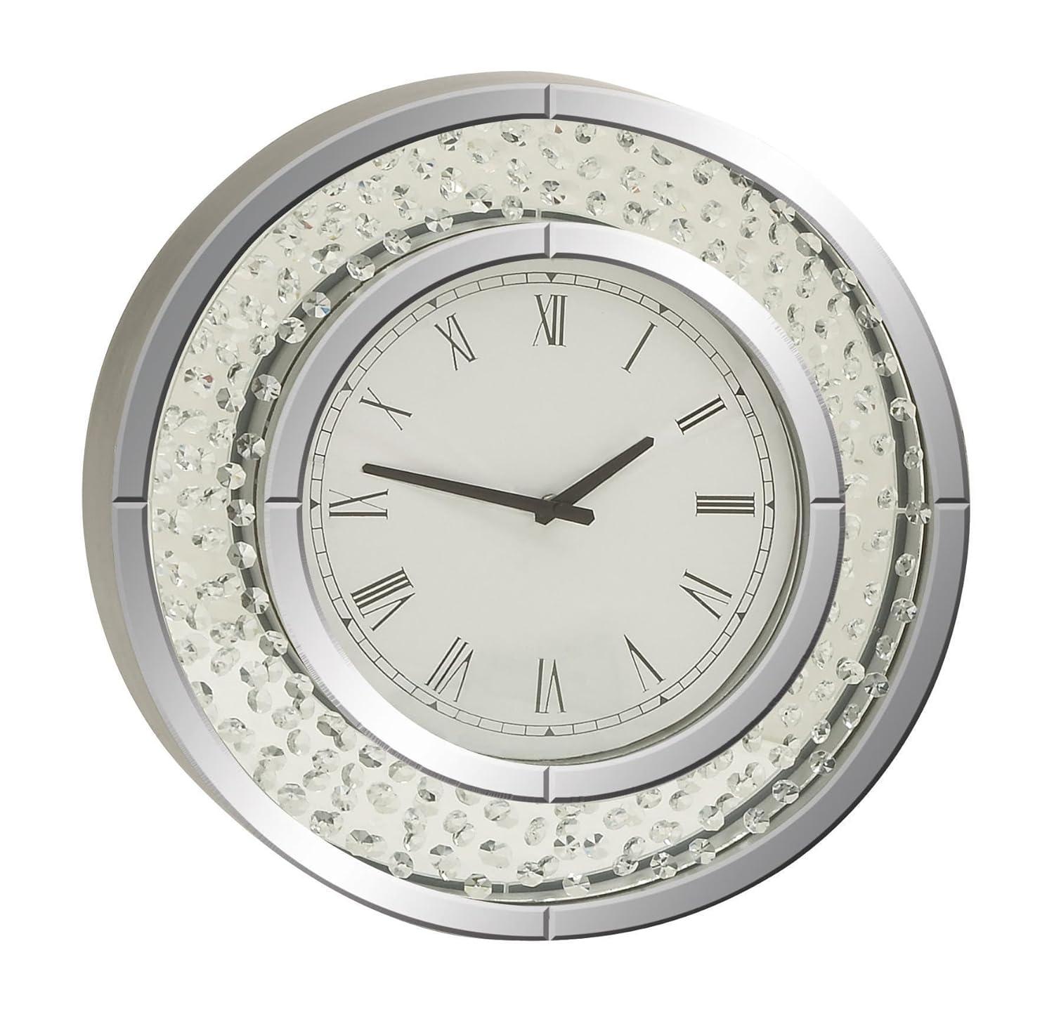 Rosdorf Park Ansonia Glass Mirrored Decorative White Wall Clock with Floating Crystals