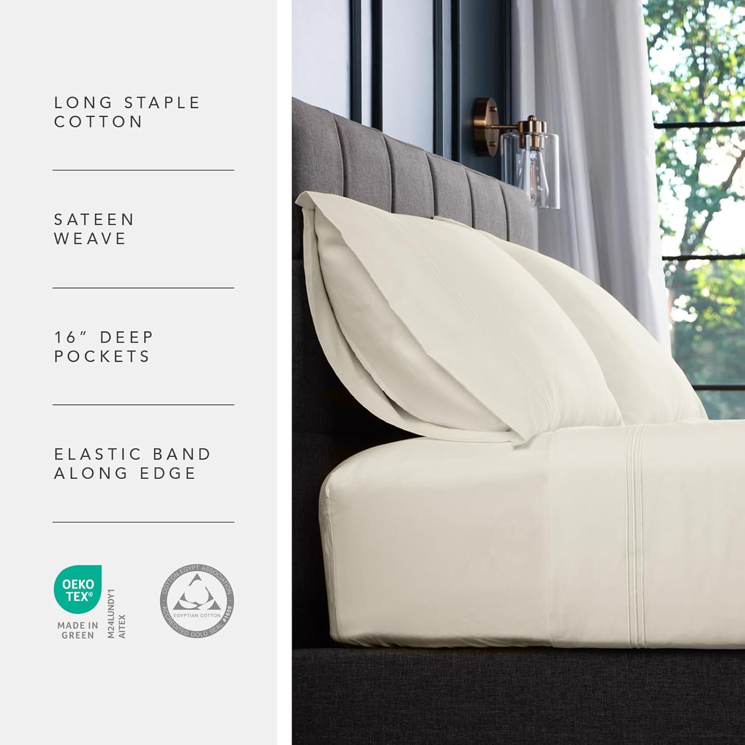 Fishers Finery 100% Certified Egyptian Cotton Sheet Sets, 500 Thread Count 4 Piece - Premium, Soft and Breathable Sheets - 16in Deep Pocket Classic Set (Ivory,K,4Pack)