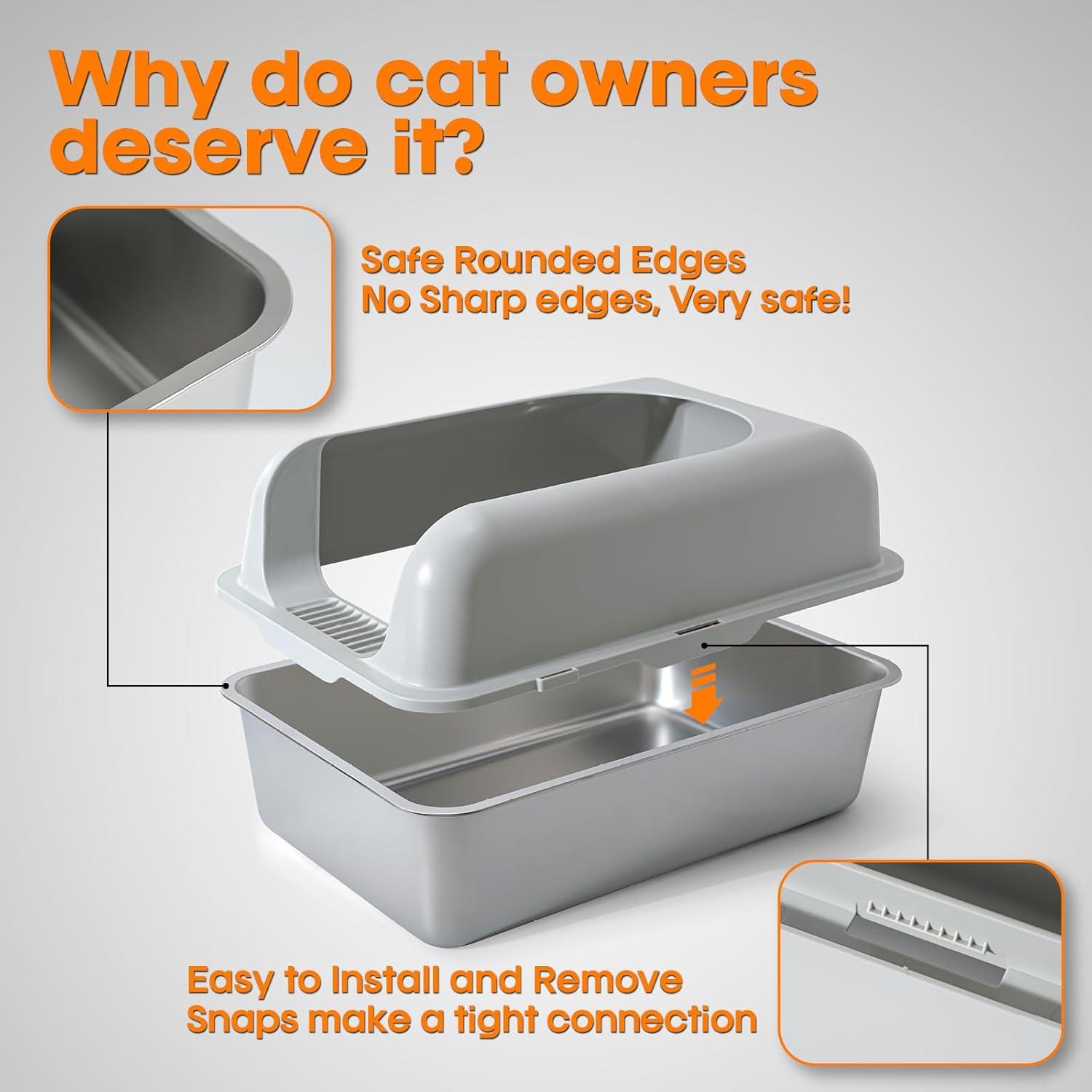 Enclosed Stainless Steel Cat Litter Box with Lid Extra Large Litter Box for Big Cats XL Metal Litter Pan Tray with High Wall Sides Enclosure, Non-Sticky, Anti-Leakage, Easy Cleaning