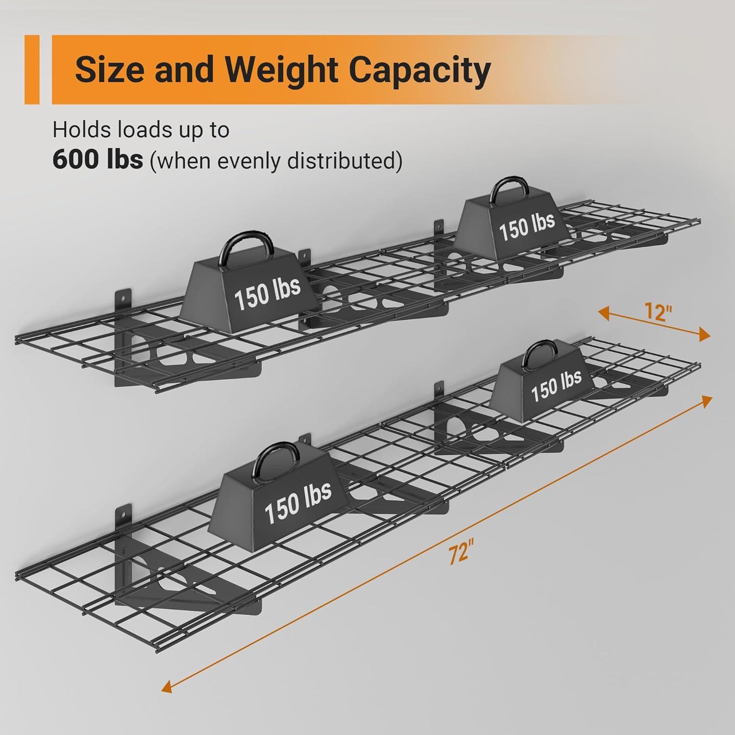 Garvee 2-Pack 1x6ft Garage Wall Shelving, Garage Storage Wall Garage Shelves for Wall Storage, 600lbs Load Capacity, 12-inch-by-72-inch