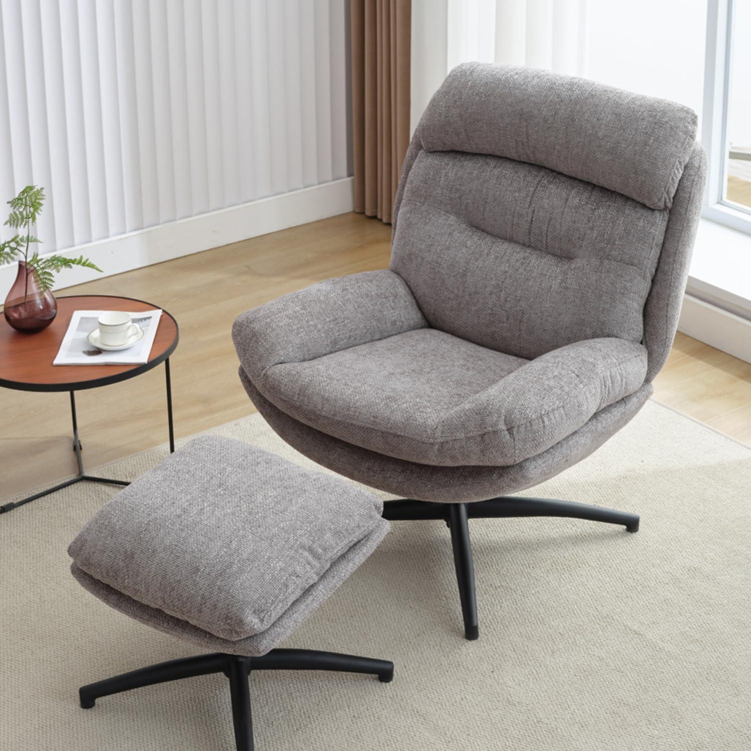 Gray Chenille Swivel Accent Chair with Ottoman