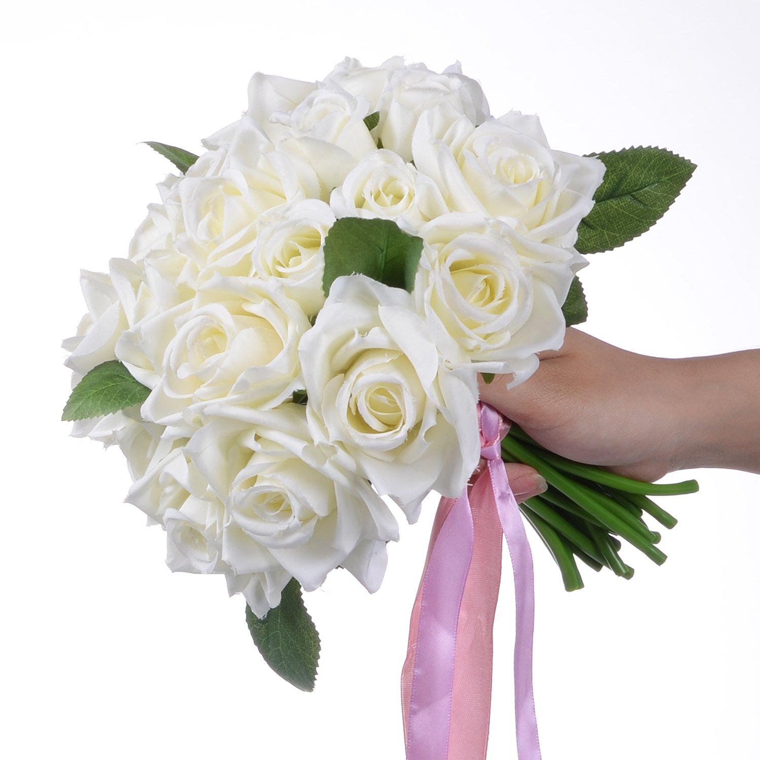 Artificial Flowers Rose Bouquet 2 Fake Flowers Silk Plastic Artificial White Roses 18 Heads Bridal Wedding Bouquet for Home Garden Party Wedding Decoration White