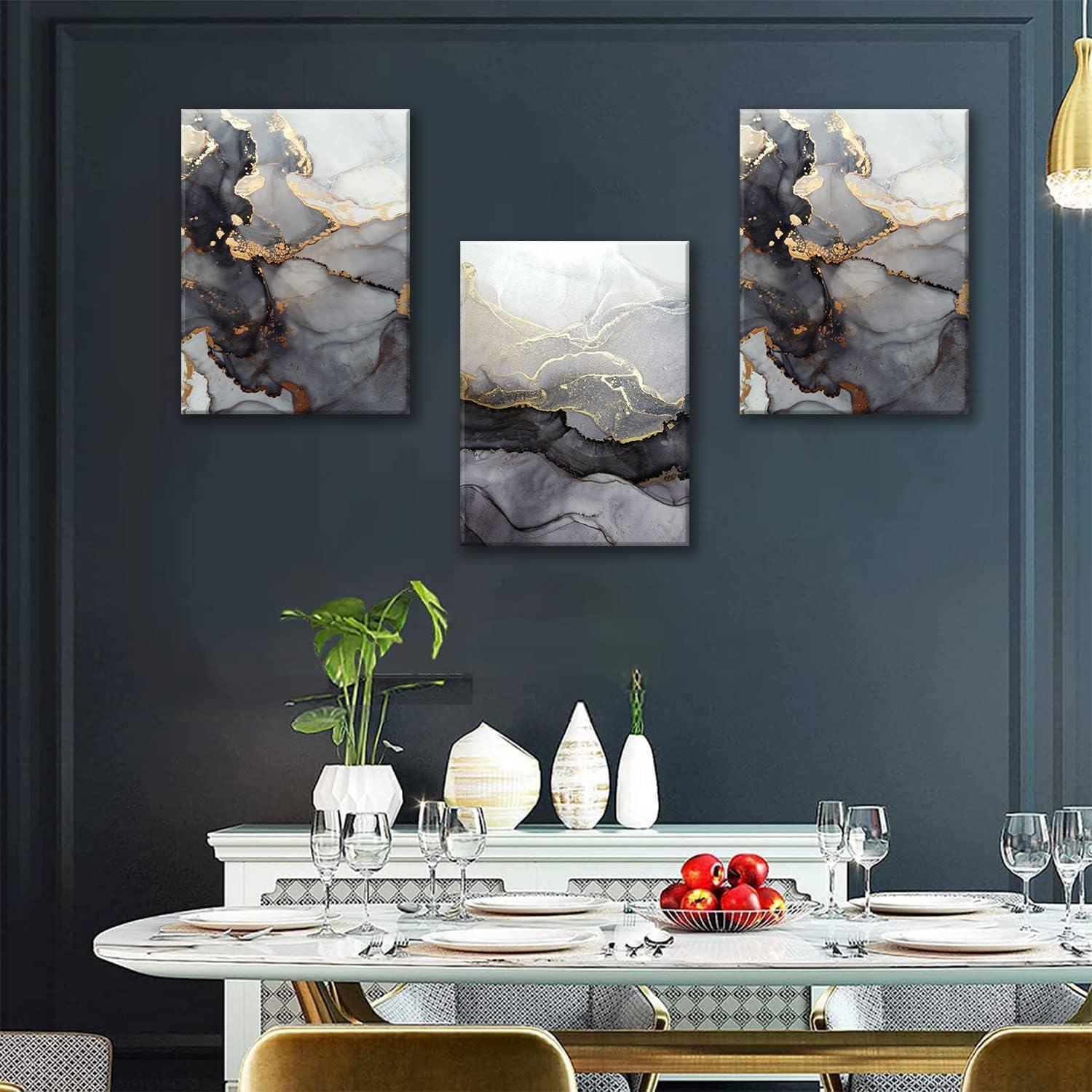 3Pcs Abstract Marble Wall Art Black and Gold Bathroom Decor Nordic Watercolor Gray White Fluid Ink Lines Canvas Picture Contemporary Painting Artwork for Living Room Bedroom Office Home Decor