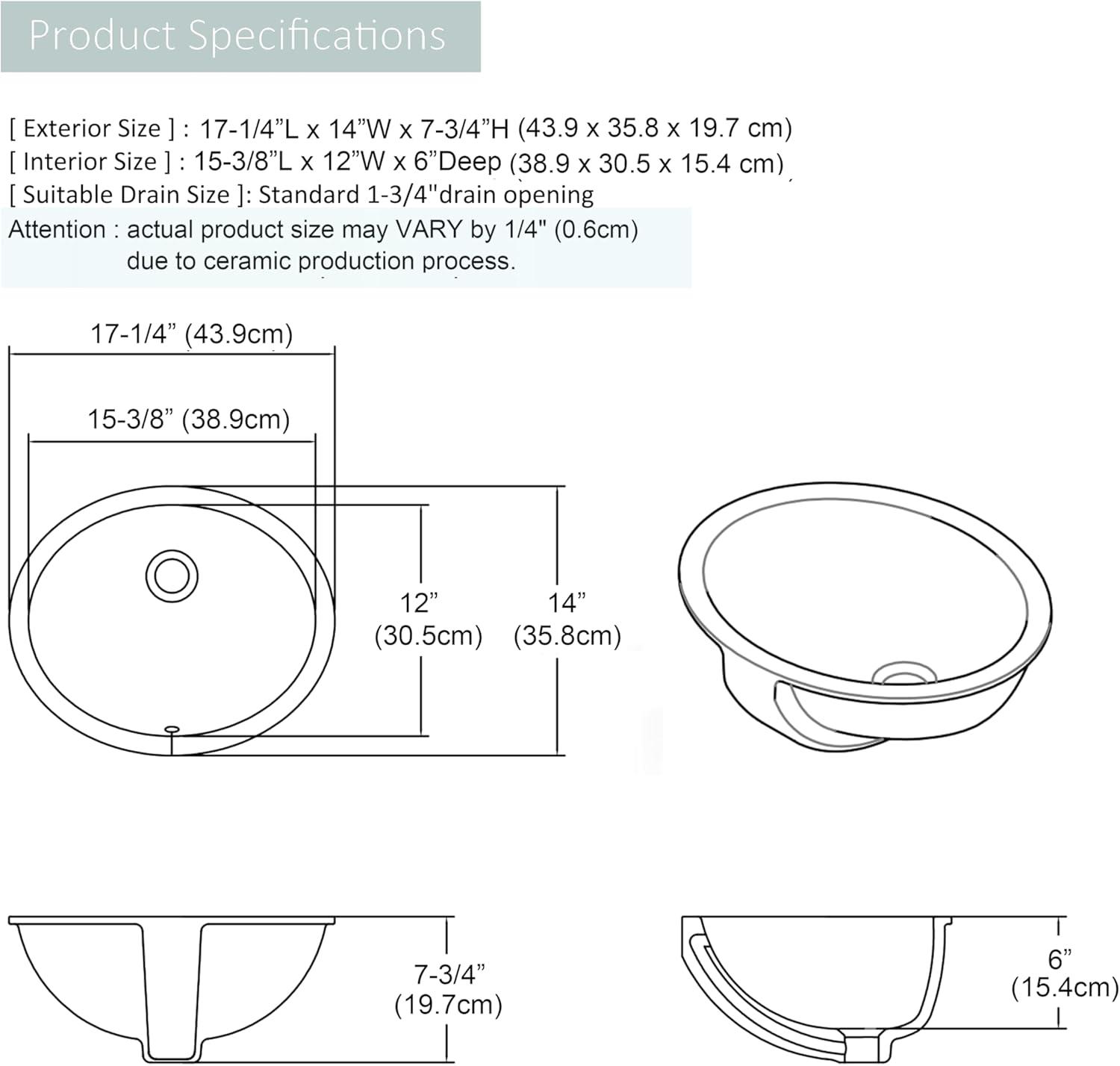 MEJE 14.2'' White Ceramic Oval Bathroom Sink with Overflow