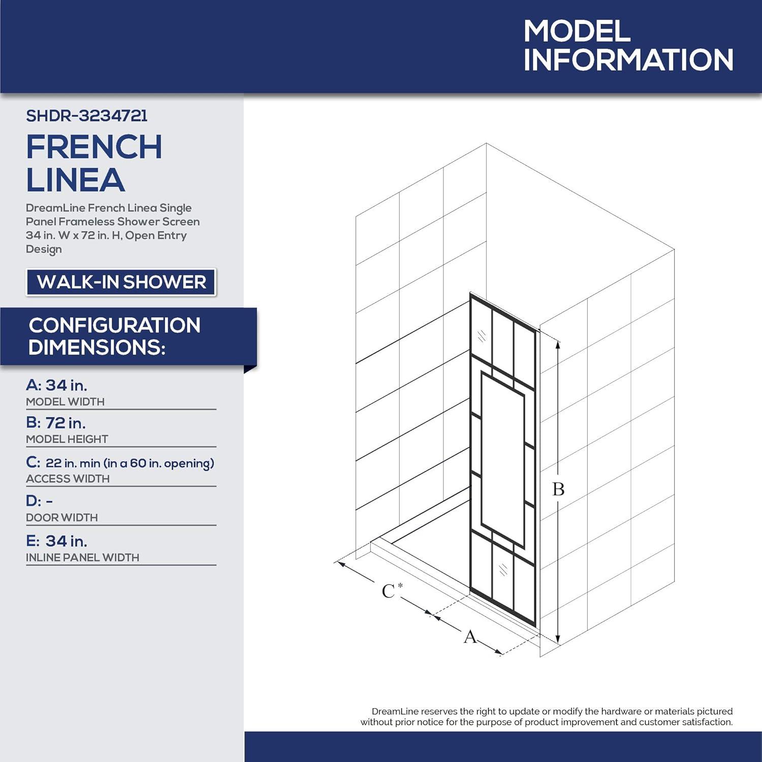 French Linea 34"W x 72"H Screen Frameless Fixed Glass Panel