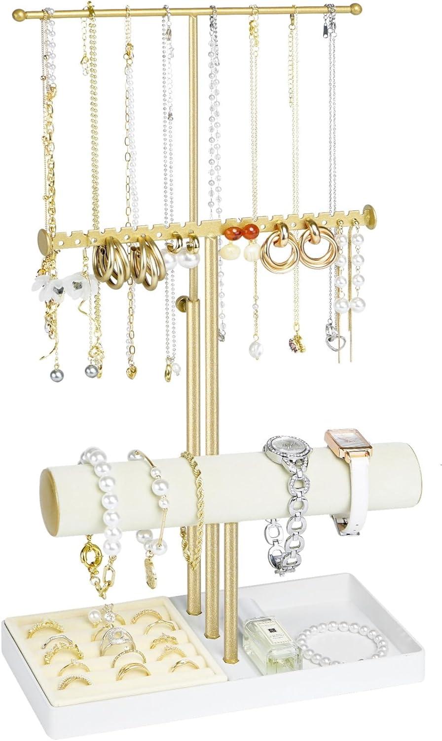 Gold and White 3-Tier Metal Jewelry Organizer Stand