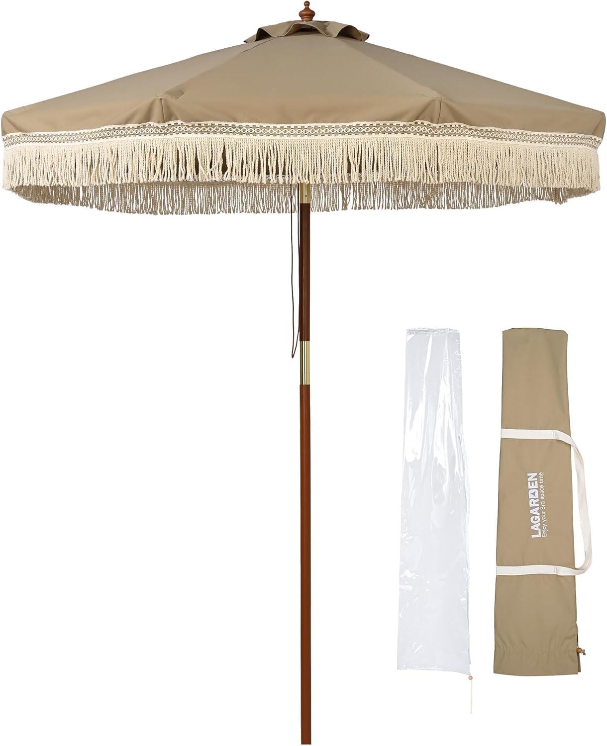 LAGarden BOHO 9' Fringe Patio Umbrella with Tassels UPF50+ Boho Style 5-Year-Non-Fading for Outdoor Yard Market Mocha Meander brown