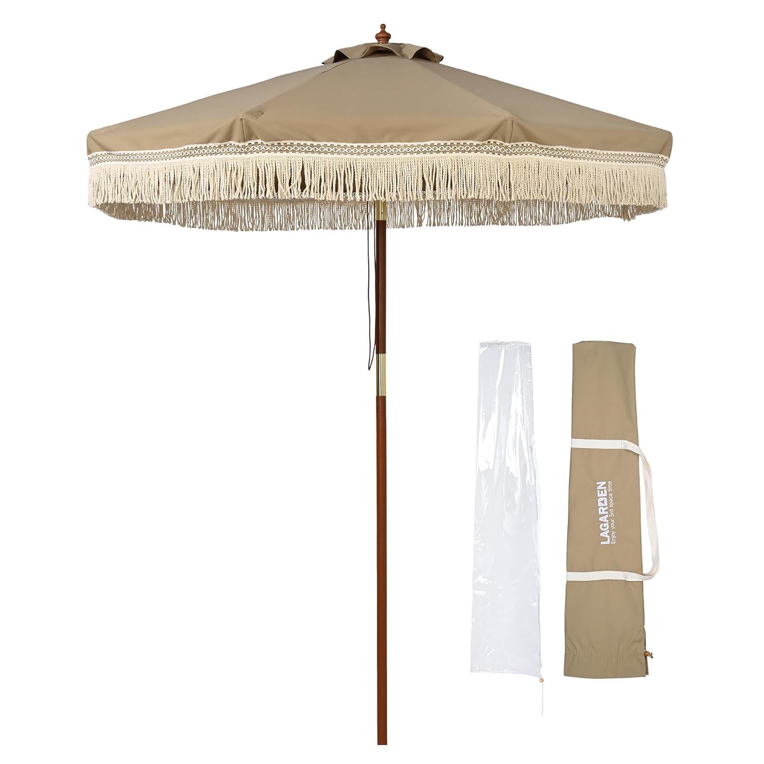 LAGarden BOHO 9' Fringe Patio Umbrella with Tassels UPF50+ Boho Style 5-Year-Non-Fading for Outdoor Yard Market Mocha Meander brown