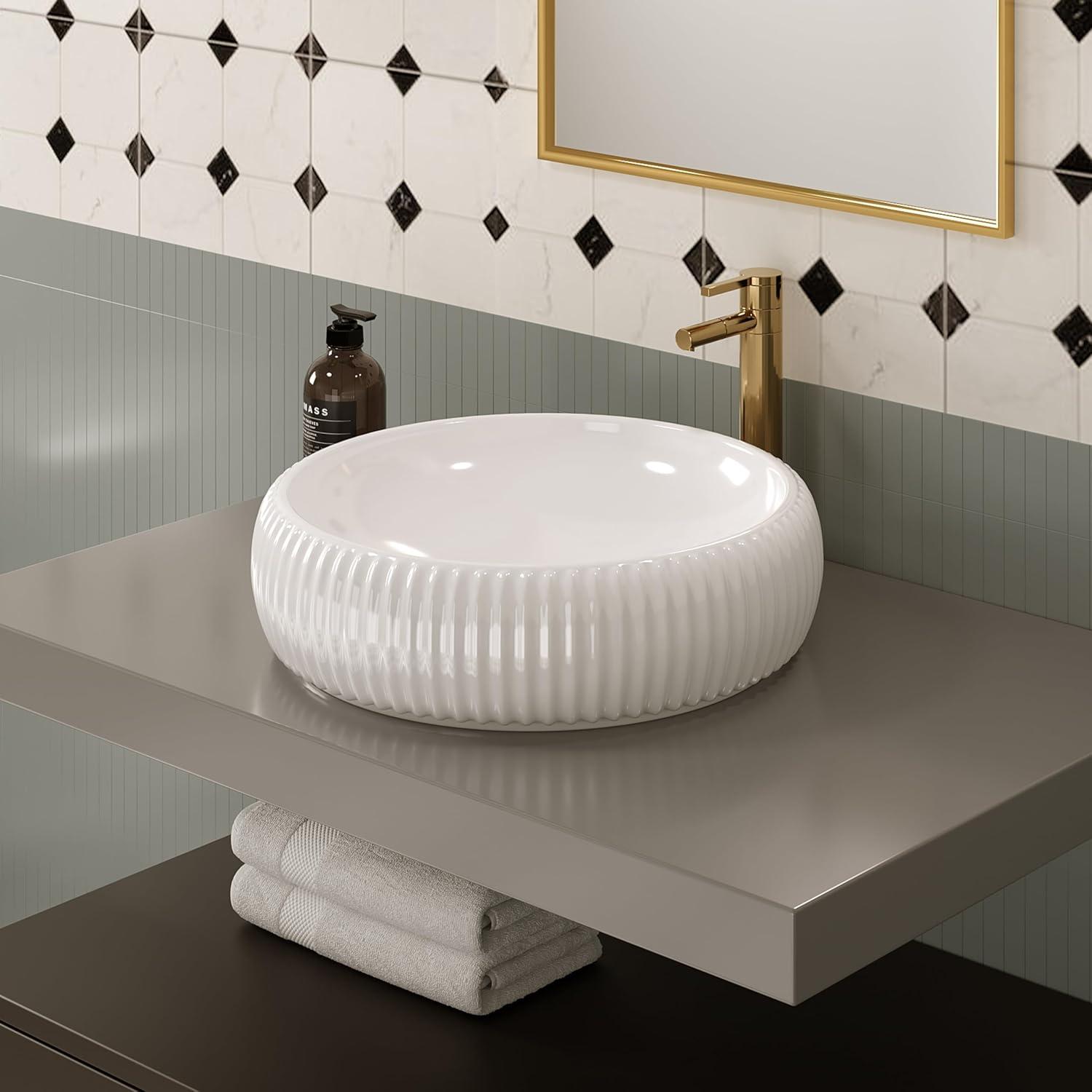 Glossy White Round Ceramic Above-Counter Vessel Sink