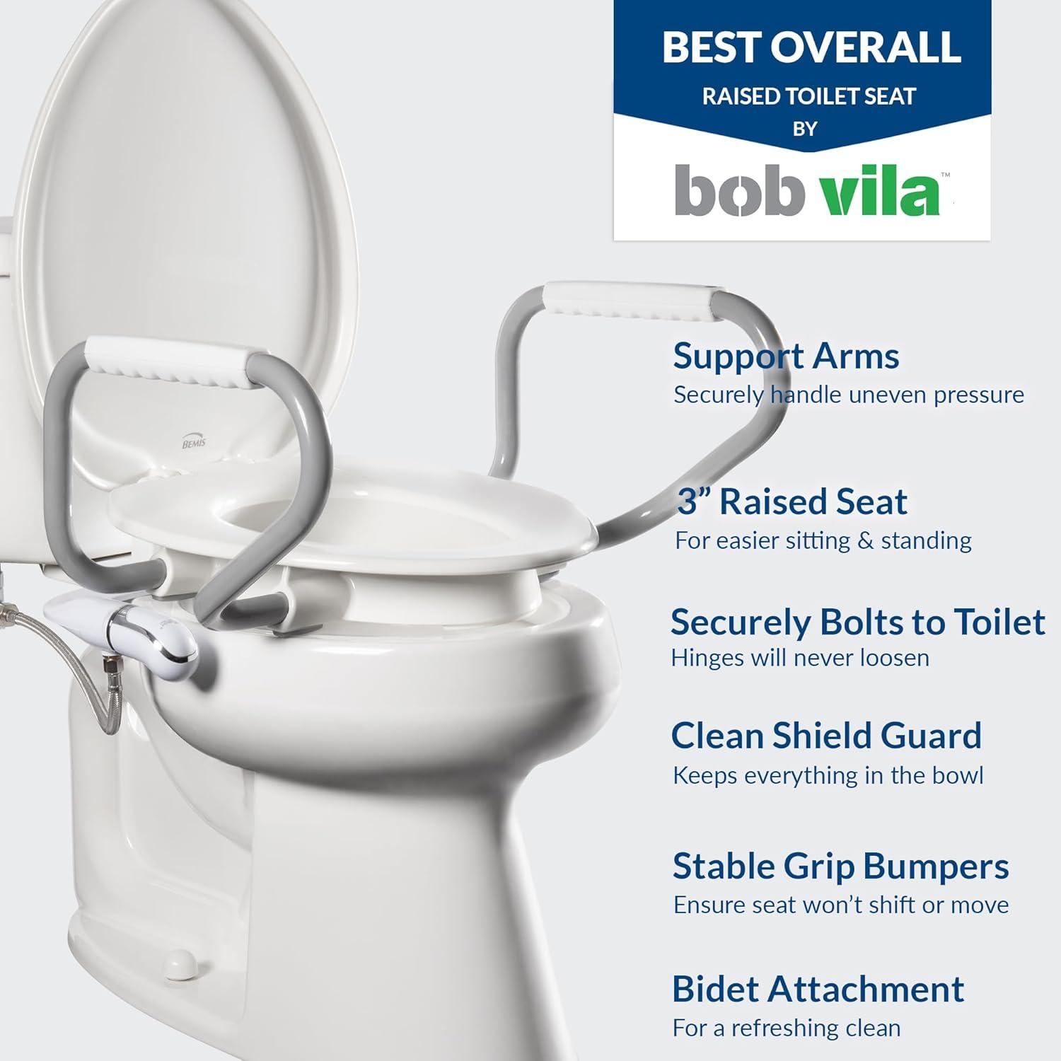 Assurance 3" Raised Toilet Seat with Handles and Bidet Attachment, Secure Hinges, Elongated, White