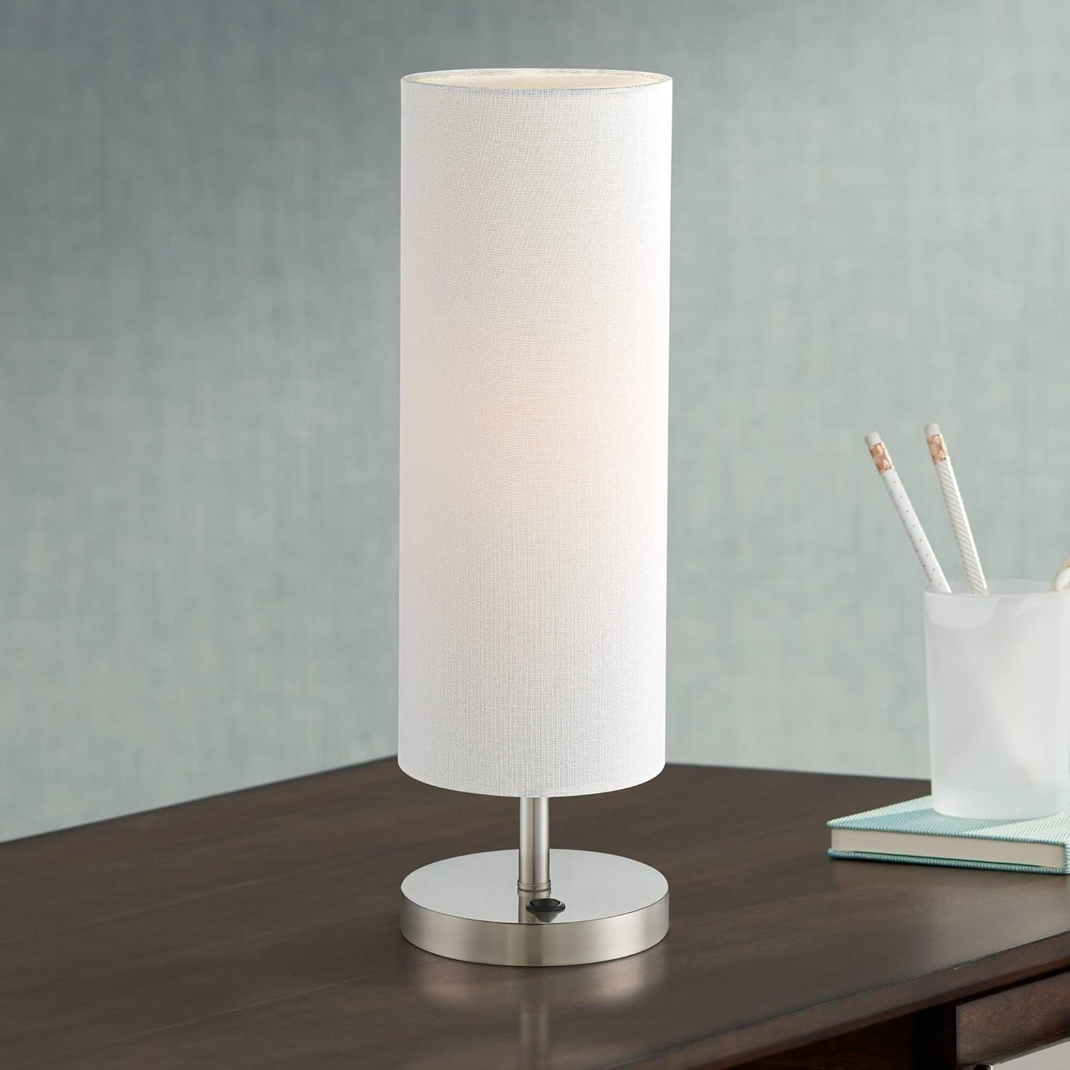 20" Brushed Nickel Table Lamp with White Fabric Shade and USB Port