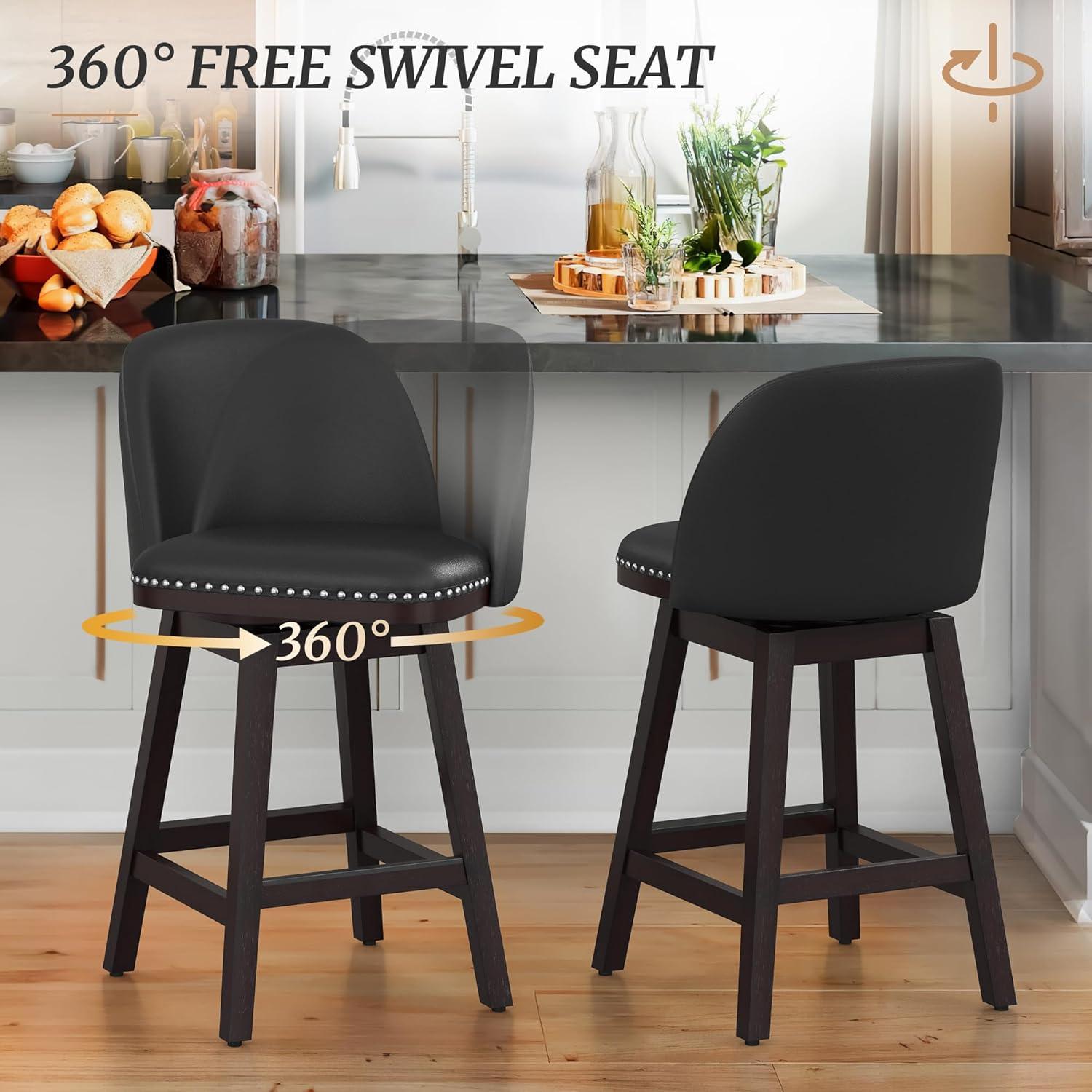 26" Black Faux Leather Swivel Counter Stools with Dark Wood Legs, Set of 3