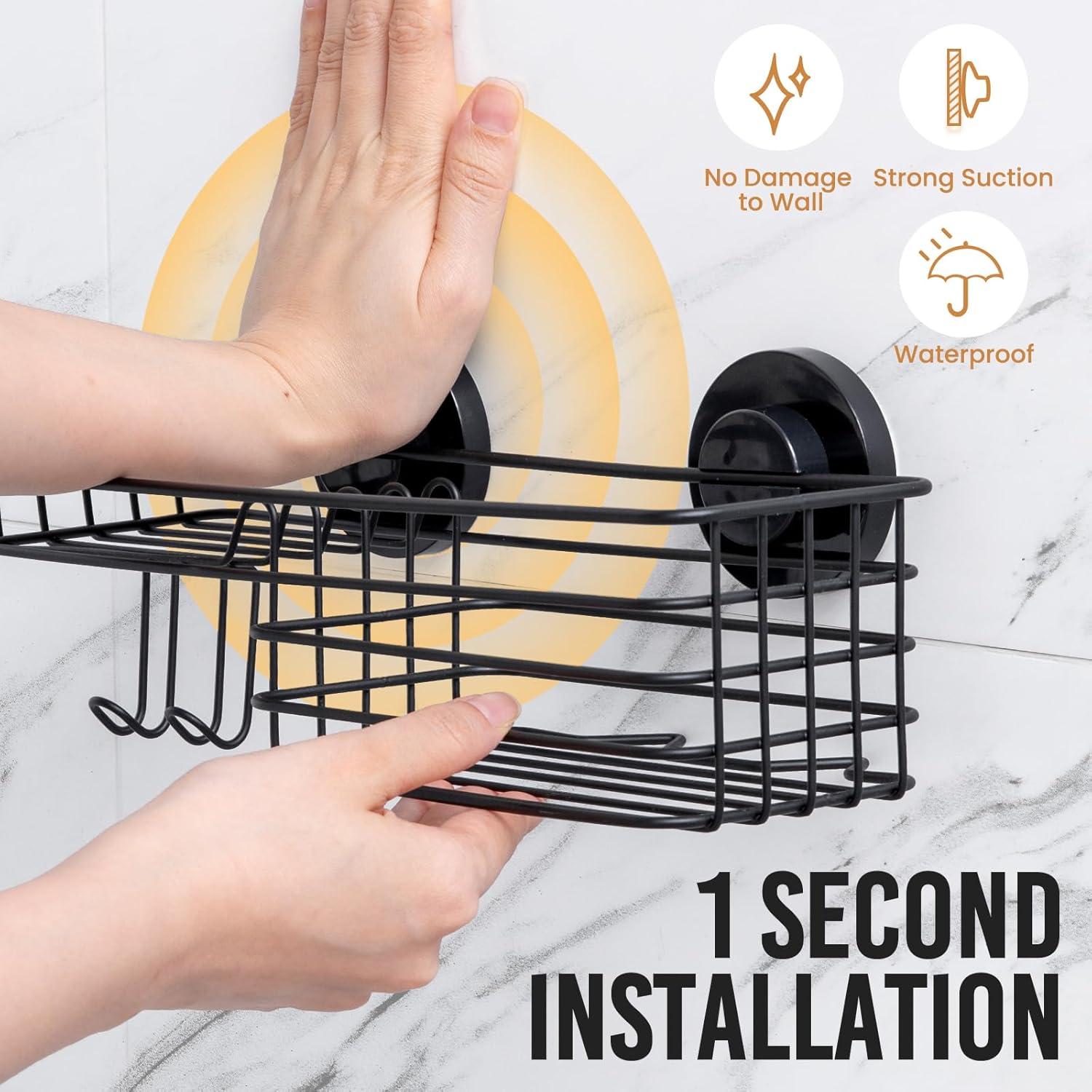 Black Metal Suction Mount Shower Caddy with Hooks