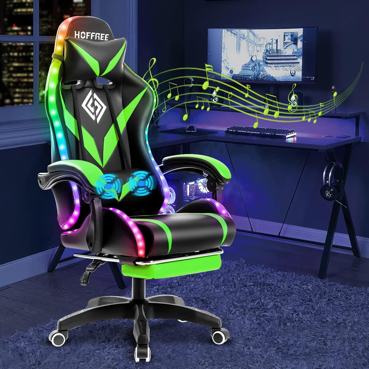 Hoffree Hoffree Massage Ergonomic Gaming Chair with Bluetooth Speakers and RGB LED Lights