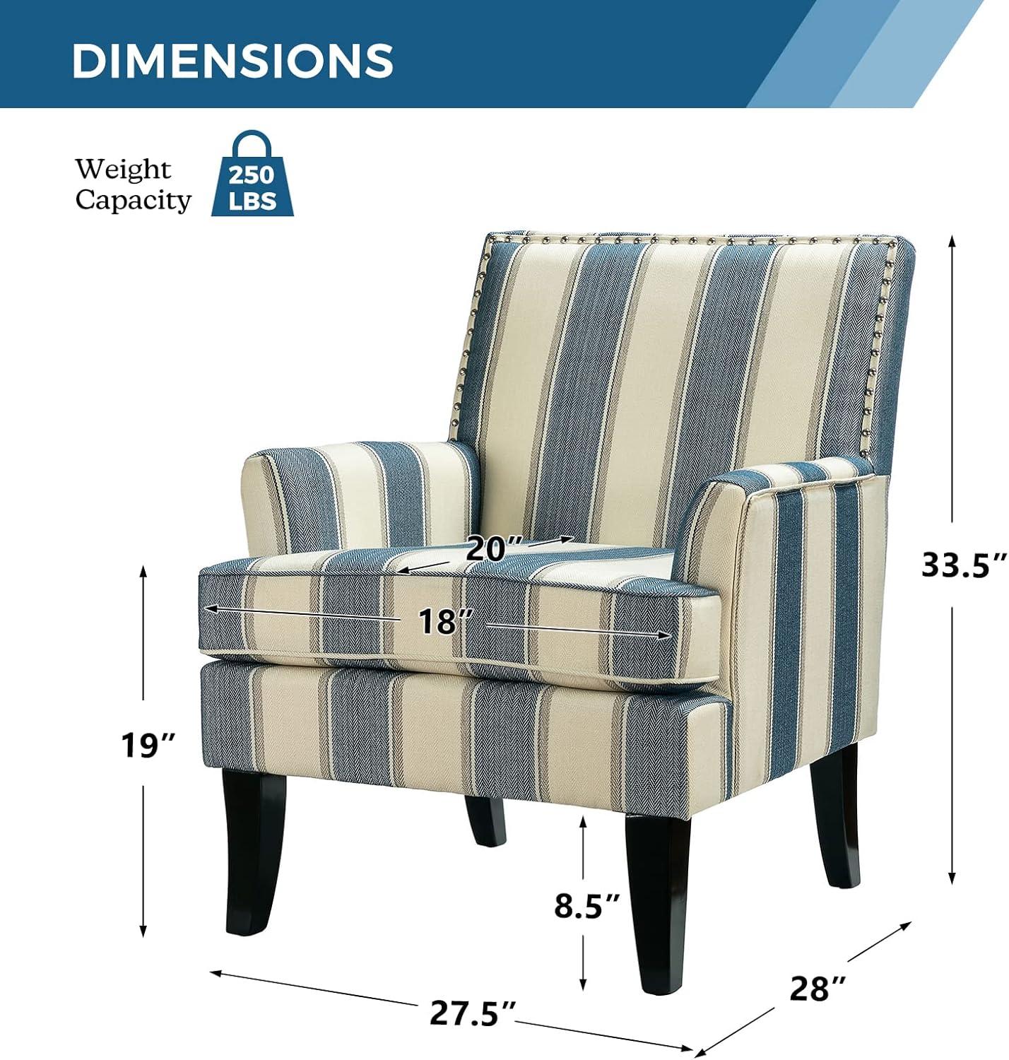 Upholstery Accent Chair Armchair Sofa Couch Lounge Seat Wood Black Legs Nailhead Trim Home Living Room Bedroom Stripe Blue