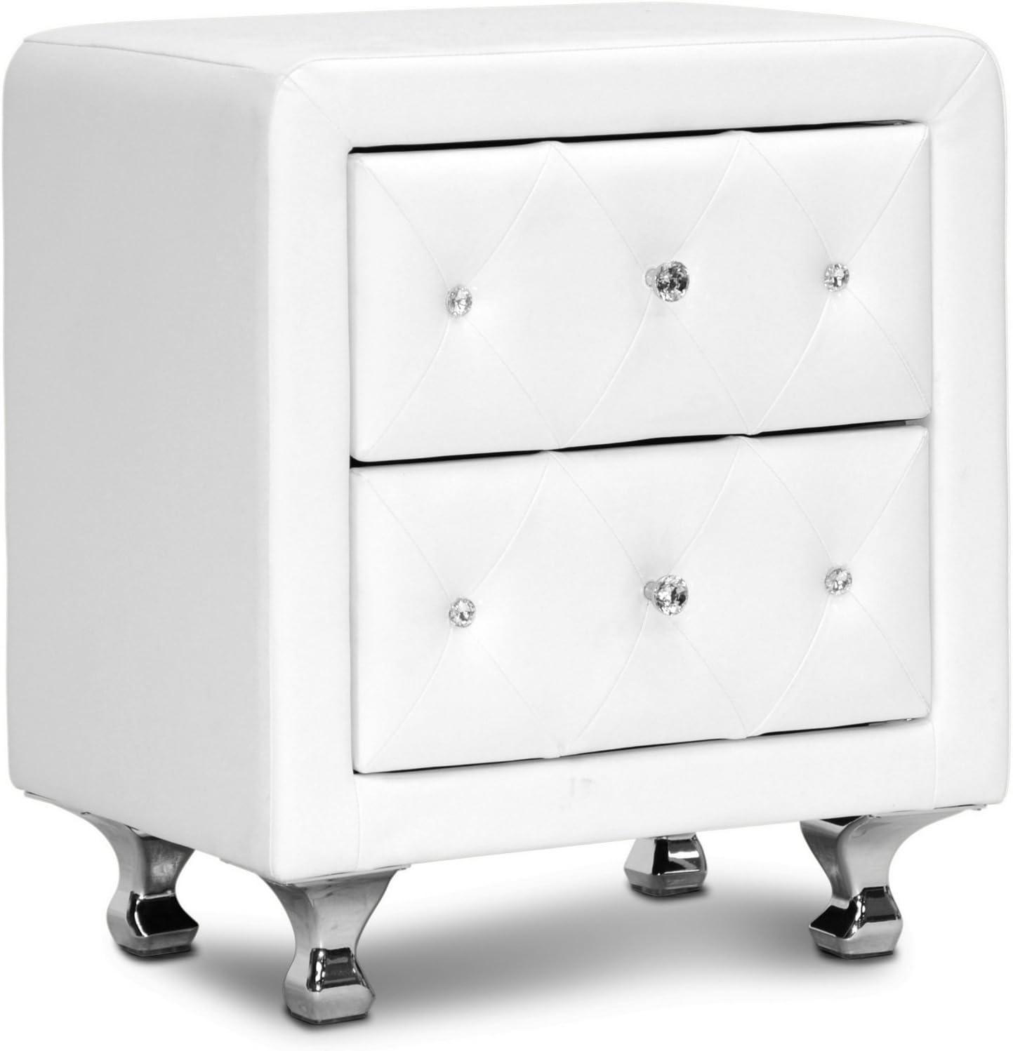 Baxton Studio Stella Crystal Tufted White Upholstered Modern Nightstand