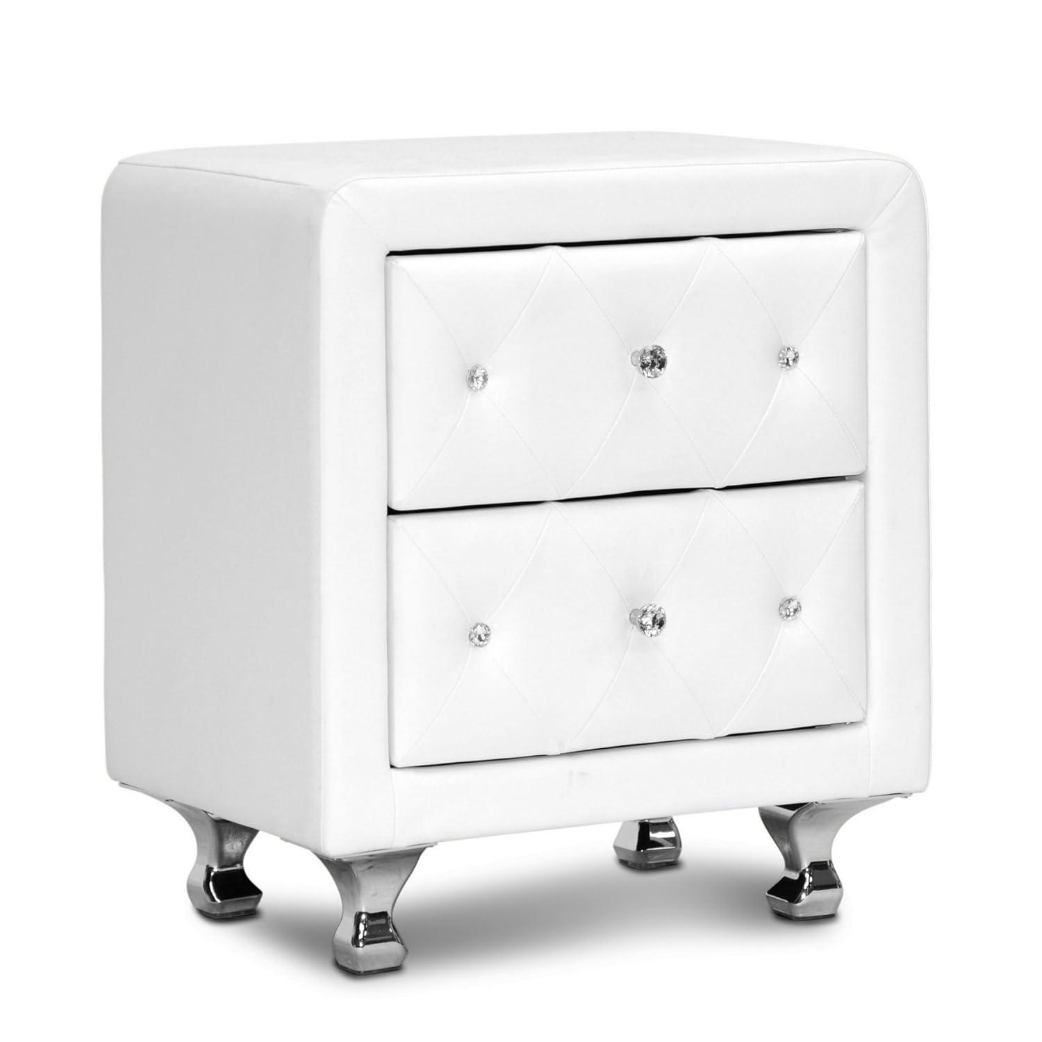Baxton Studio Stella Crystal Tufted White Upholstered Modern Nightstand