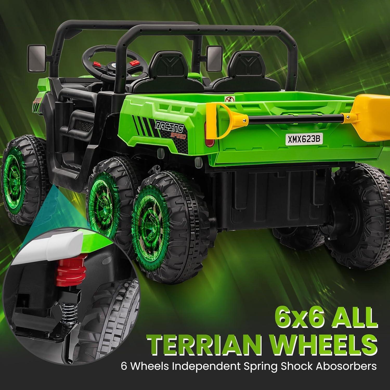 24V Ride on Toys with Remote Control, 2 Seater Electric Powered Ride on Dump Truck , 4WD 6-Wheel UTV Car w/ Tipping Bucket Trailer, Shovel, Suspension, Bluetooth Music, Big Kids, Green