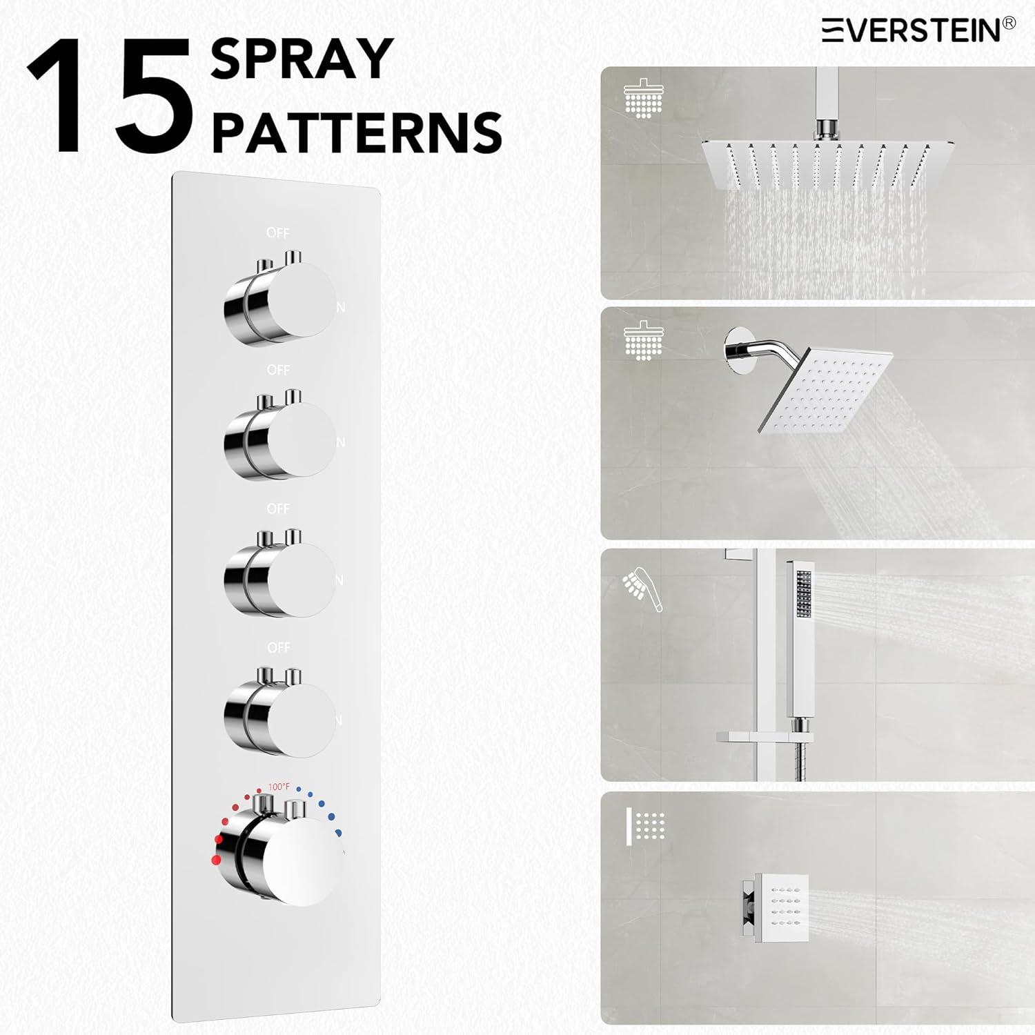 DualJetSpa 16-Inch Rainfall Shower System with Handheld Spray, Dual Showerheads, 6 Body Jets, and Thermostatic Valve