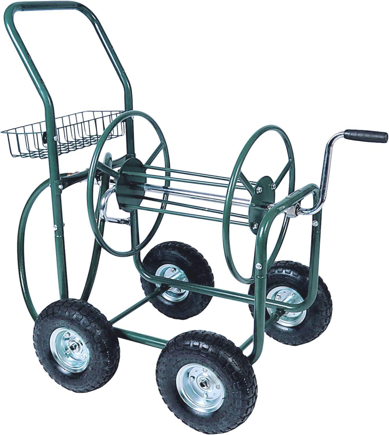 Green Heavy-Duty Metal Garden Hose Reel Cart with Wheels