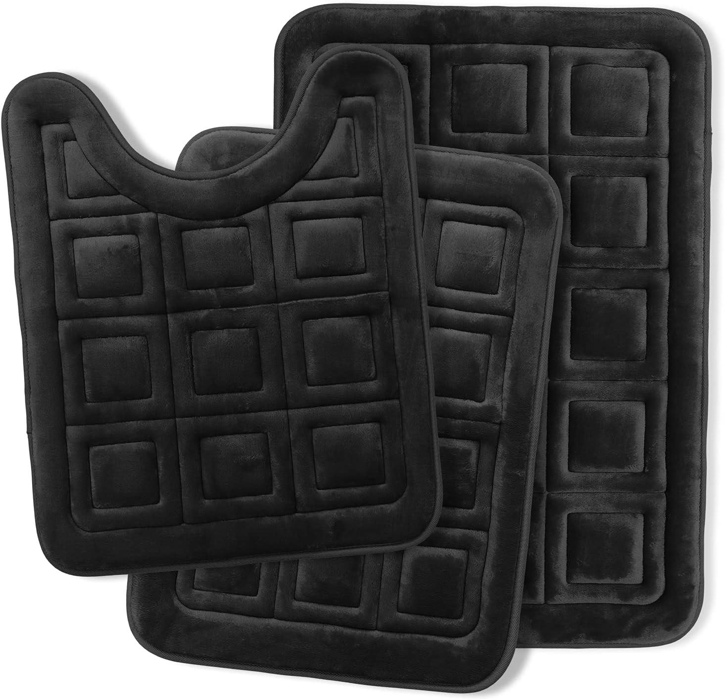 Clara Clark Ultra Soft Non Slip and Absorbent Bath Rug - Waffled Velvet Memory Foam Bath Mat Black Small-Large-Contour (3PK)