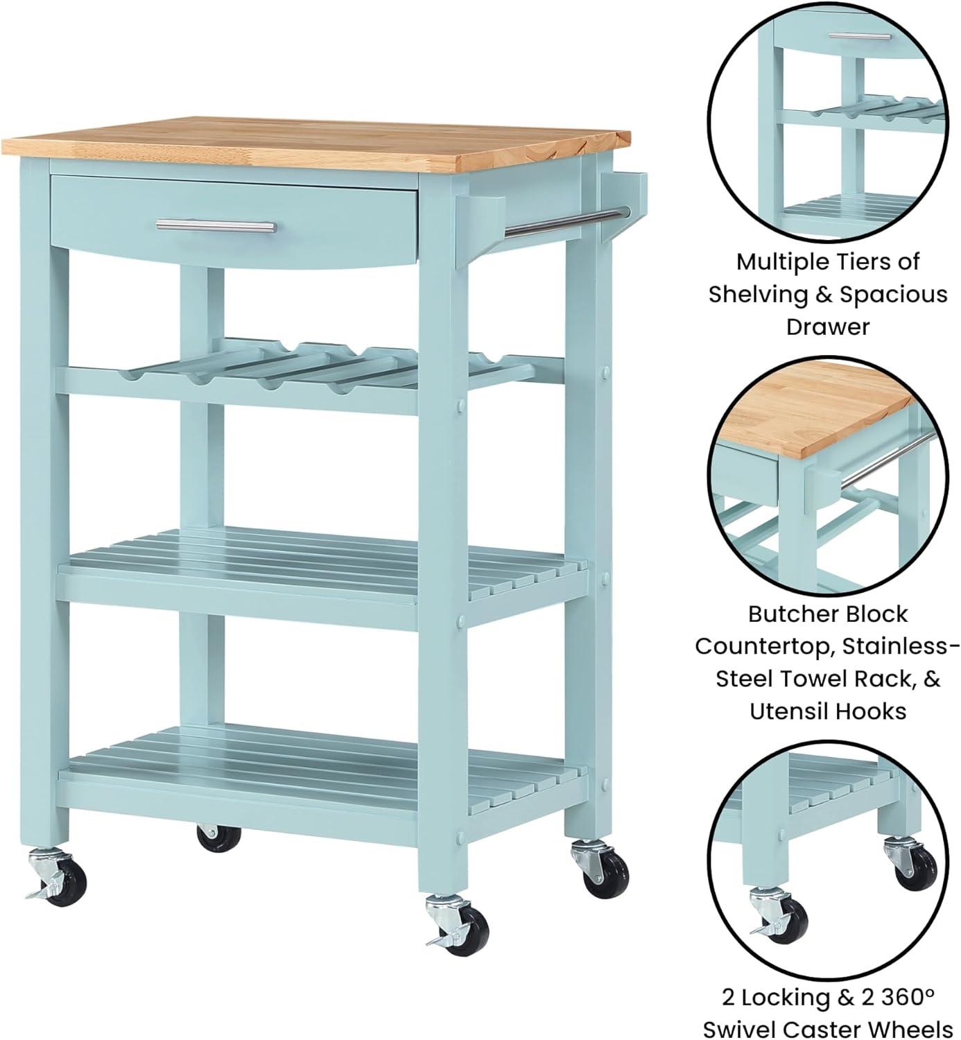 Ellaine Four-Tier Butcher Block Kitchen Cart w/Drawer and Wine Rack in Blue Wood