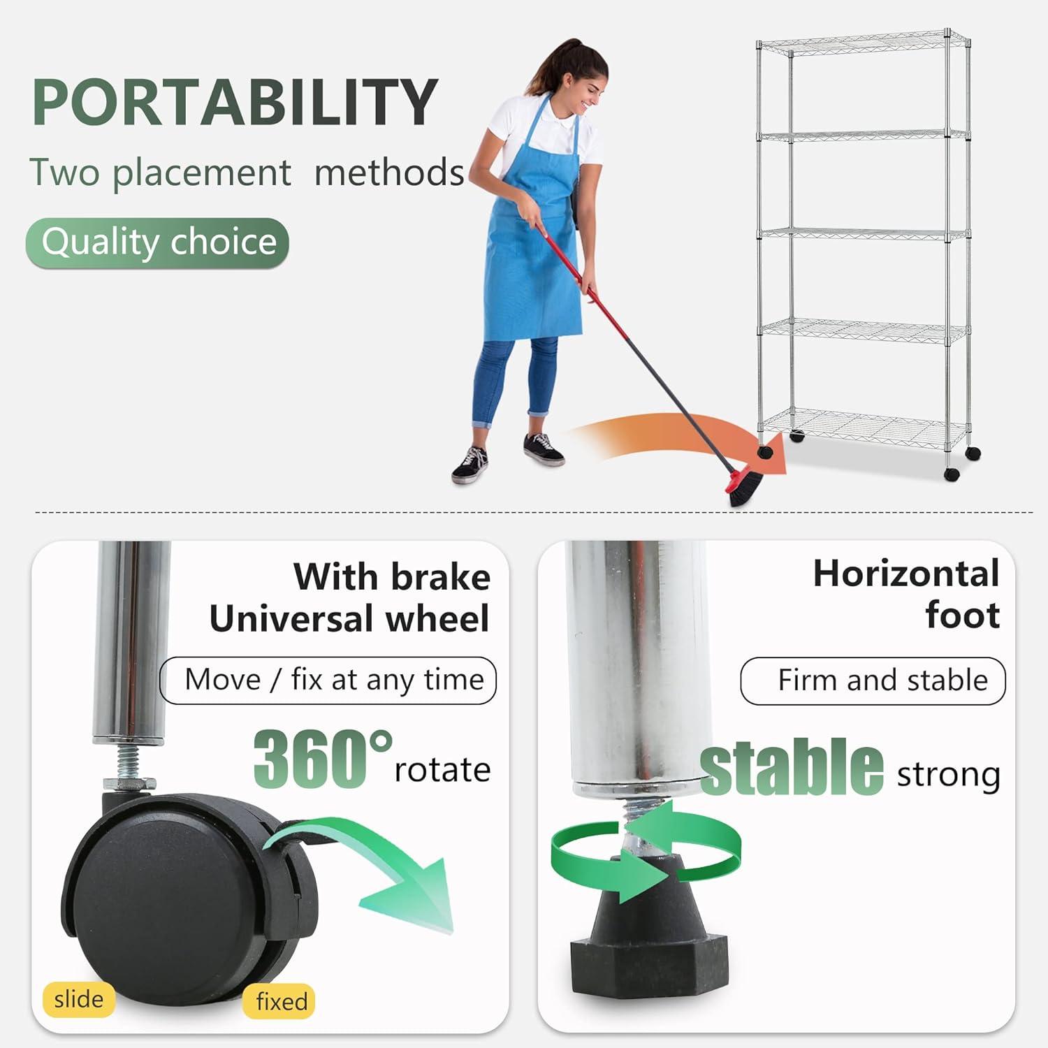 BestOffice 14Dx30Wx60H 5-Tier Wire Shelving Unit Steel Large Metal Shelf Organizer Garage Storage Heavy Duty NSF Height Adjustable Commercial Utility Storage Metal Rack on Wheels,Chrome