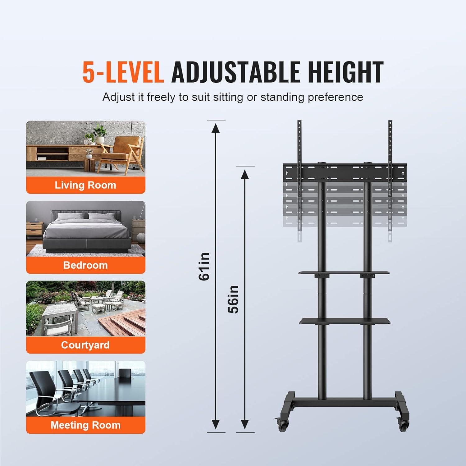 Black Adjustable Mobile TV Stand with Double Tray for 32-70 inch TVs