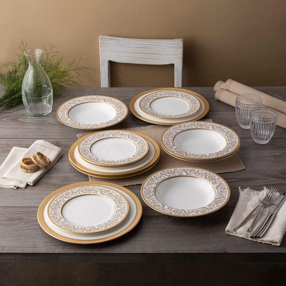 Gold Trimmed Floral Porcelain 12-Piece Dinnerware Set