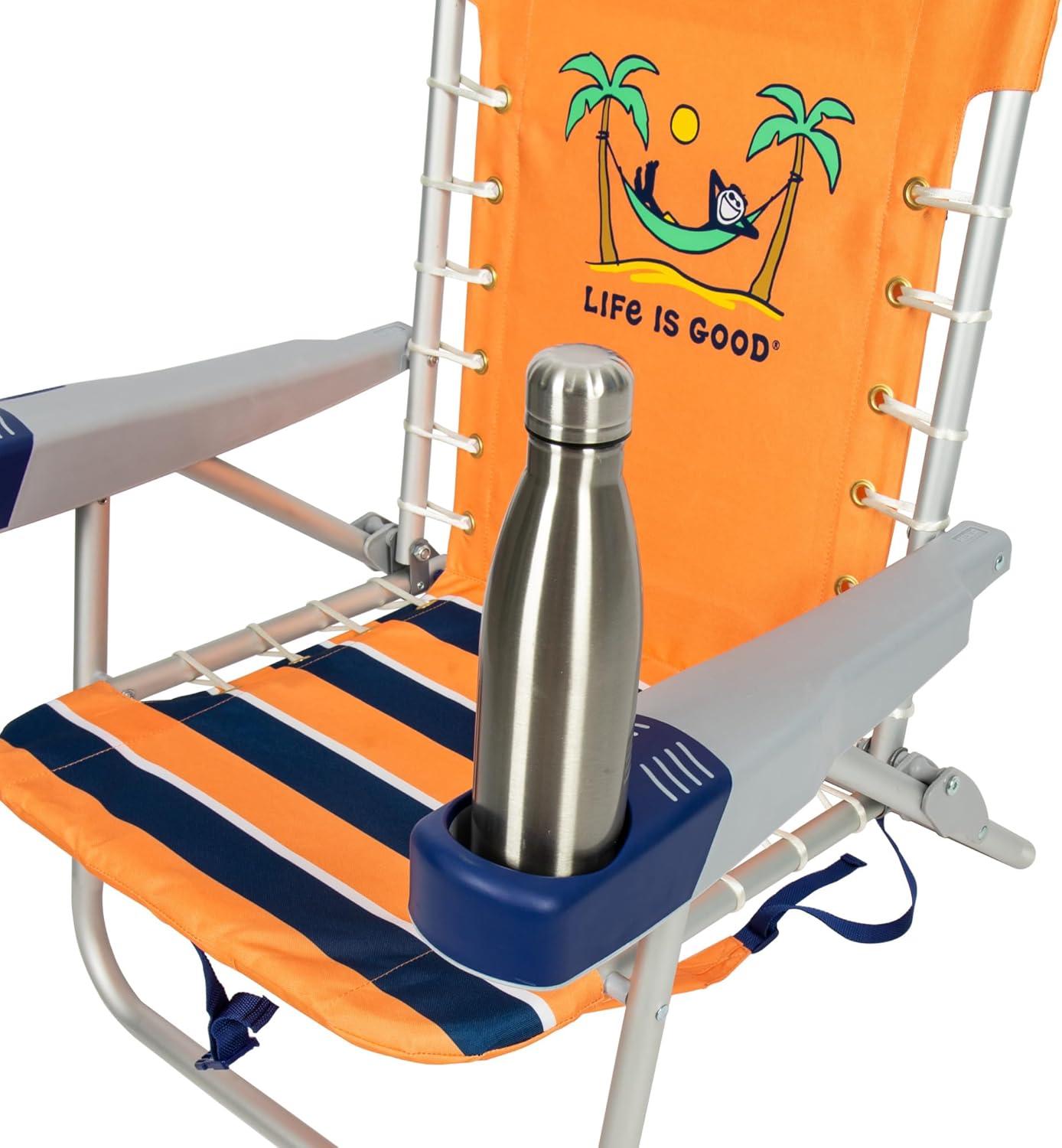 Life is Good 4-Position Backpack Pillow and Cup Holder Beach Chair, Canyon Orange